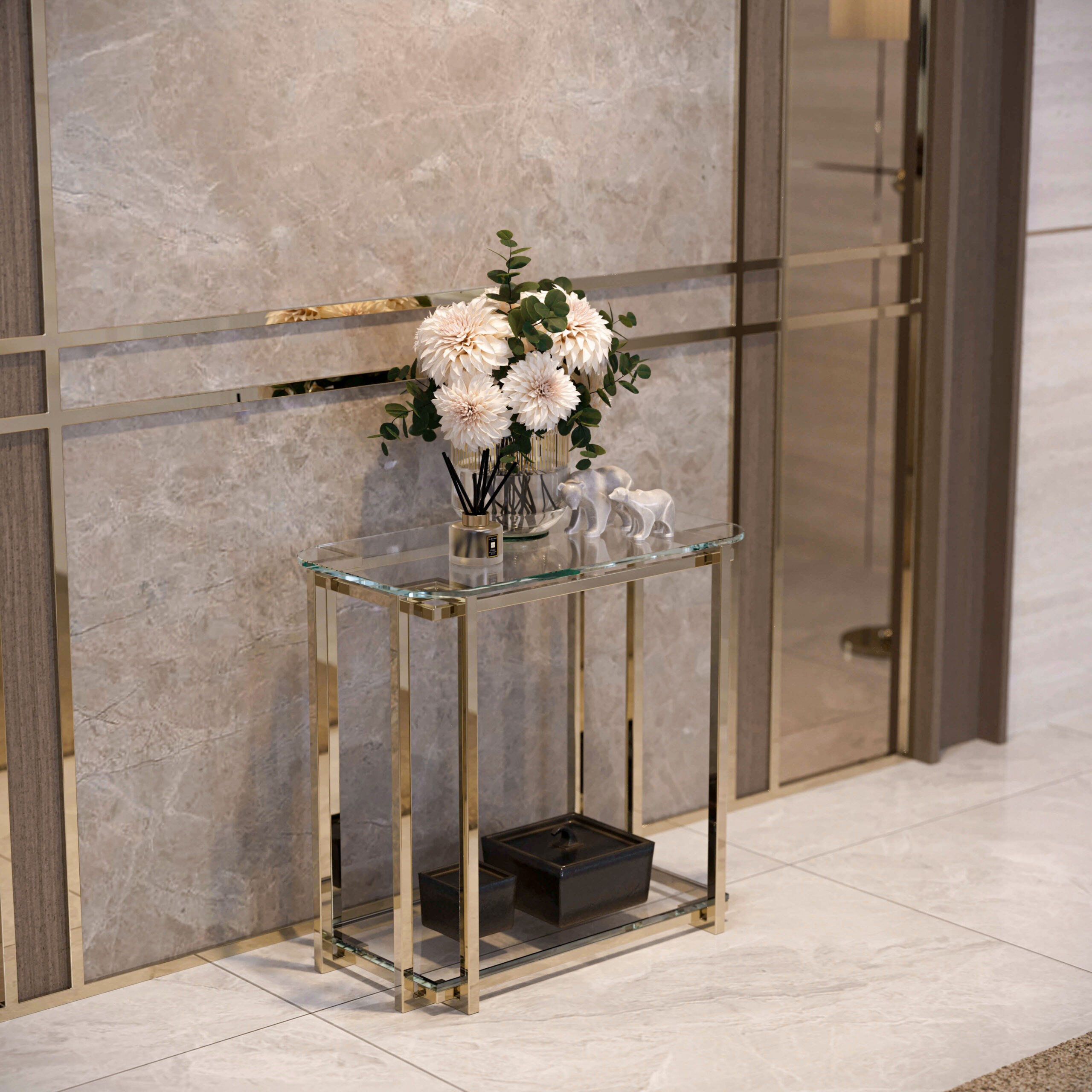 STOLIK POMOCNICZY Elisse, metalowy stelaż, szklane blaty, nowoczesny styl glamour