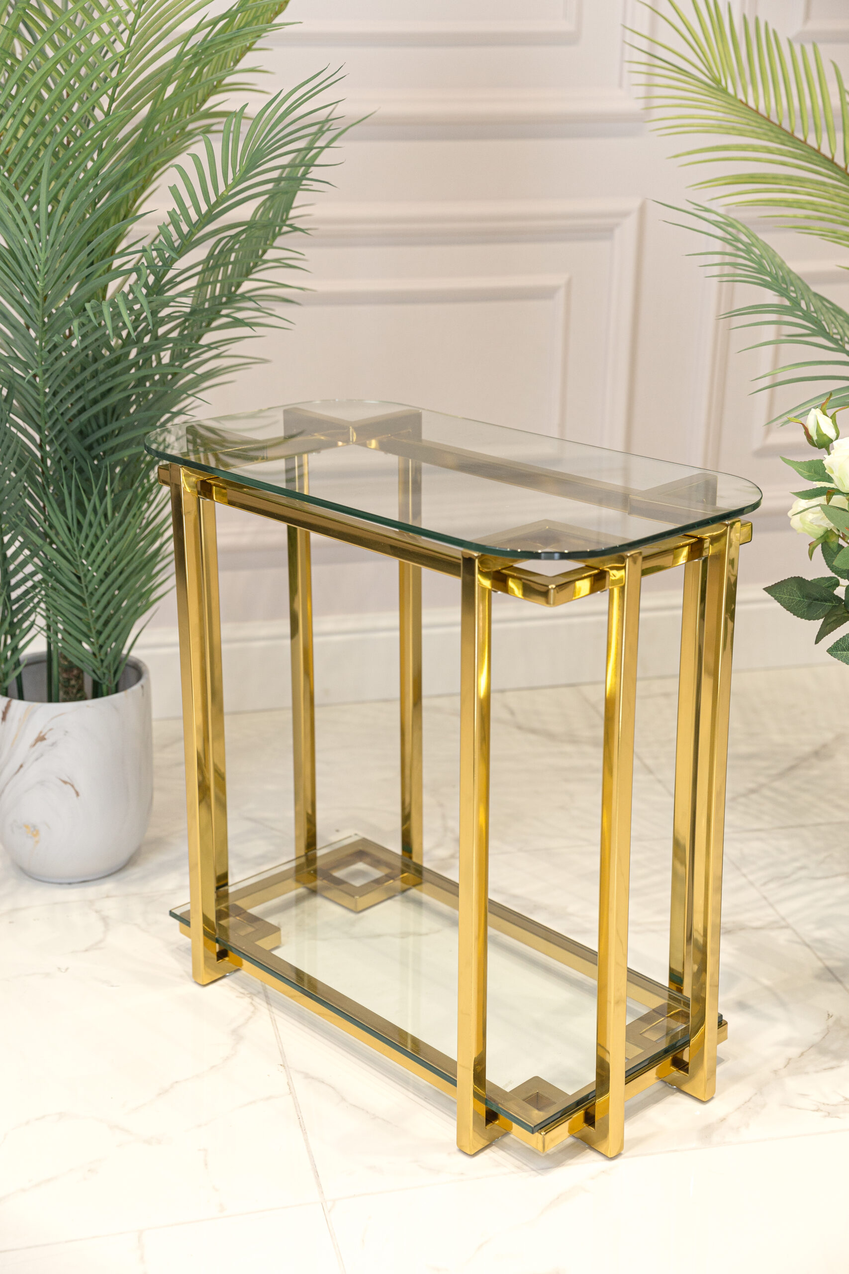 STOLIK POMOCNICZY Elisse, metalowy stelaż, szklane blaty, nowoczesny styl glamour, piękny