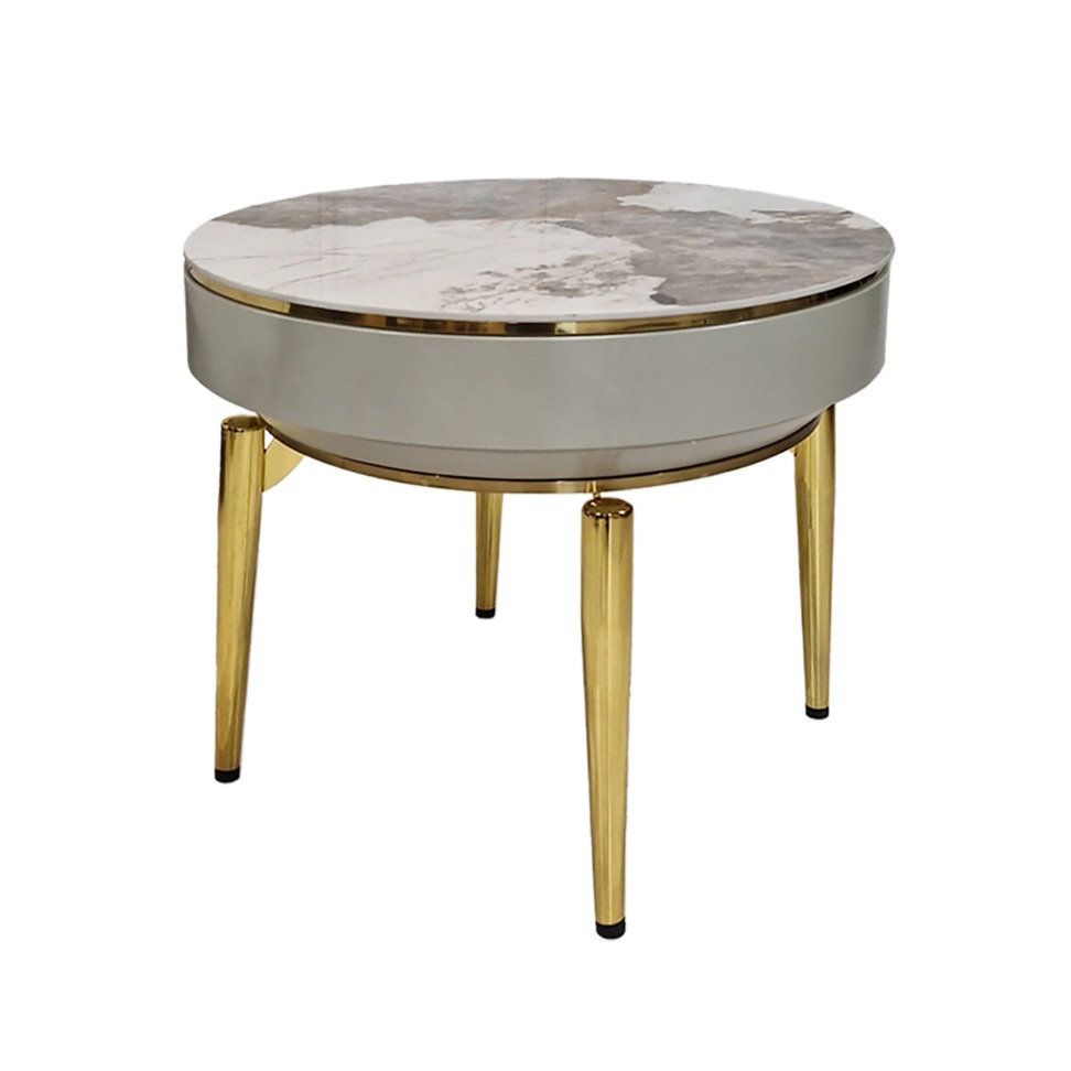 STOLIK POMOCNICZY okrągły, kaszmirowy blat na złotych metalowych nogach, nowoczesny styl