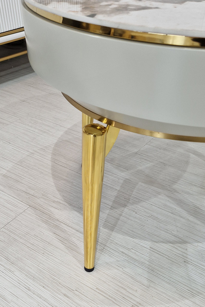 STOLIK POMOCNICZY okrągły, kaszmirowy blat na złotych metalowych nogach, nowoczesny styl, wyjątkowy