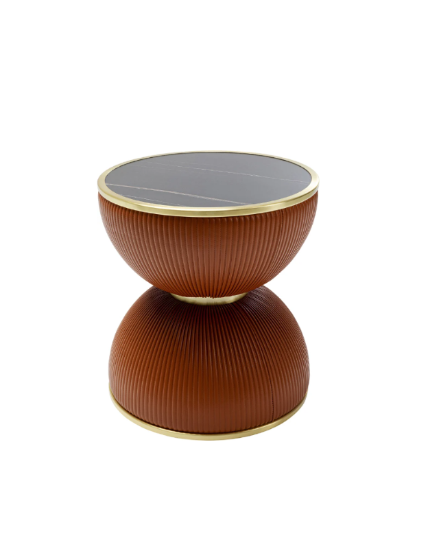 STOLIK POMOCNICZY okrągły, w kształcie klepsydry, brązowy ryflowany korpus, czarny blat, nowoczesny styl