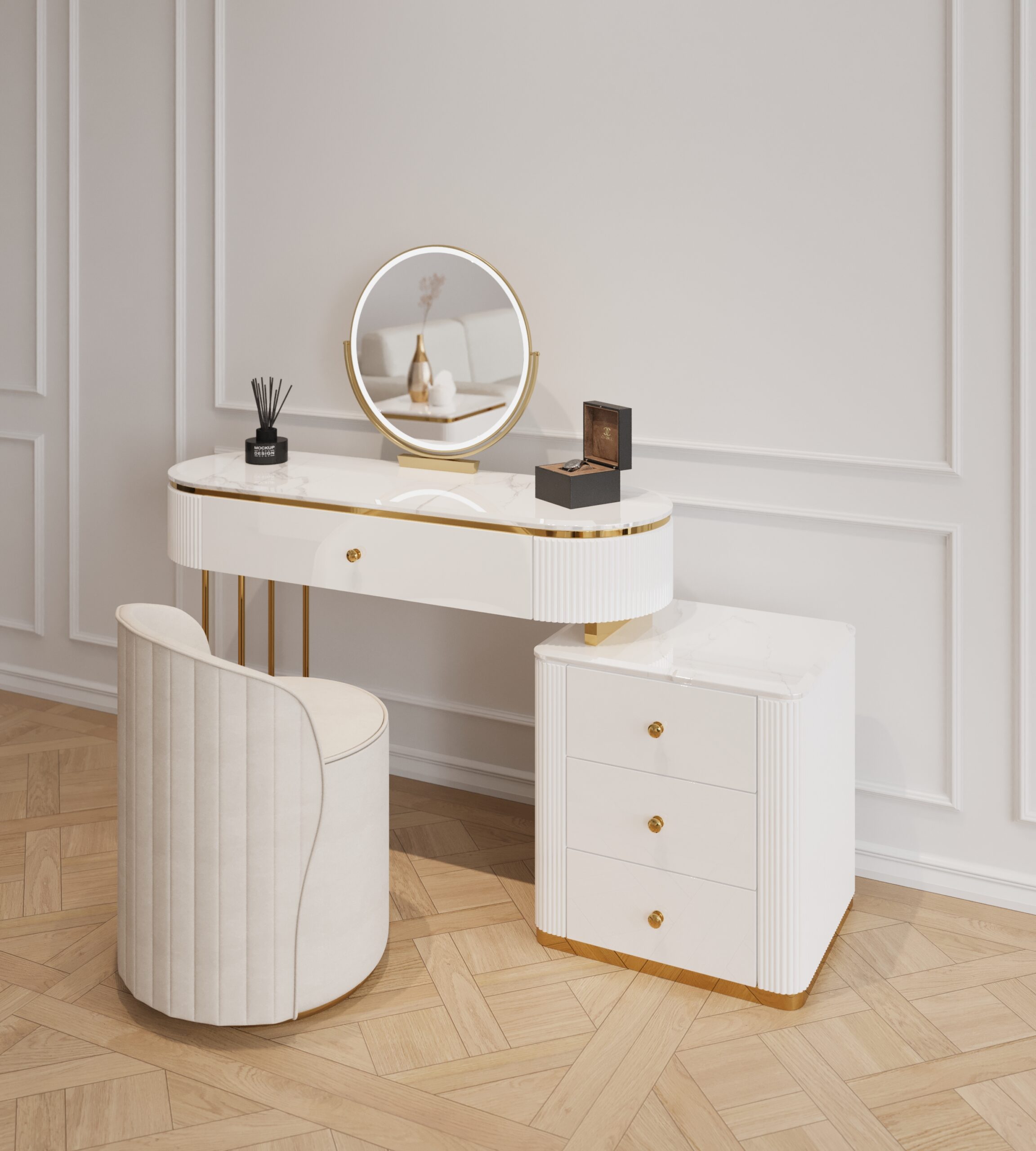 ZESTAW_EKSKLUZYWNY TOALETKA + SZAFKA + FOTEL kolekcja Anne, biała, ryflowane detale, blat z konglomeratu marmurowego, nowoczesny styl, ekskluzywna ZESTAW_EKSKLUZYWNY TOALETKA + SZAFKA + FOTEL kolekcja Anne, biała, ryflowane detale, blat z konglomeratu marmurowego, nowoczesny styl, ekskluzywna