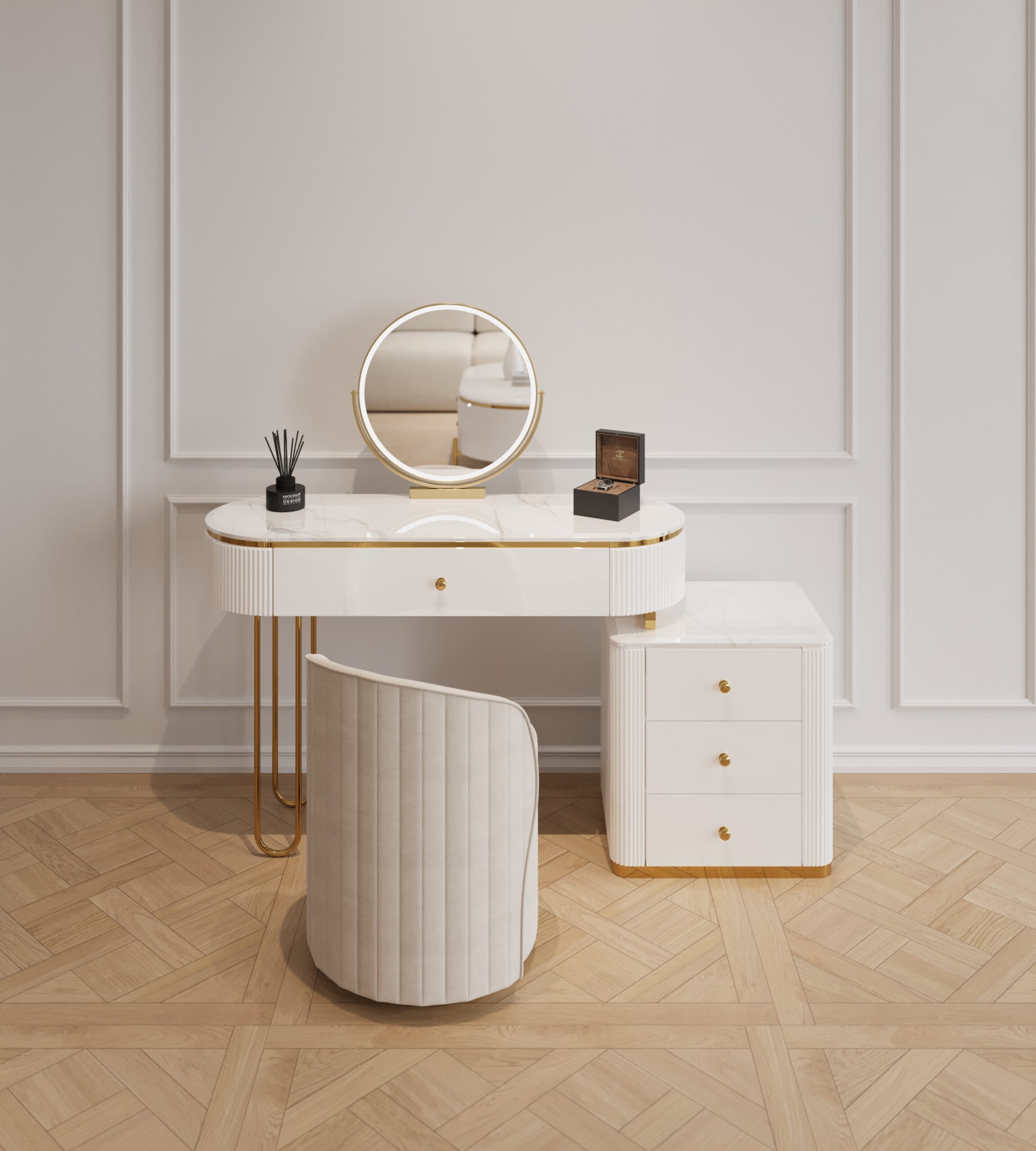 ZESTAW_EKSKLUZYWNY TOALETKA + SZAFKA + FOTEL kolekcja Anne, biała, ryflowane detale, blat z konglomeratu marmurowego, nowoczesny styl, piękna ZESTAW_EKSKLUZYWNY TOALETKA + SZAFKA + FOTEL kolekcja Anne, biała, ryflowane detale, blat z konglomeratu marmurowego, nowoczesny styl, piękna