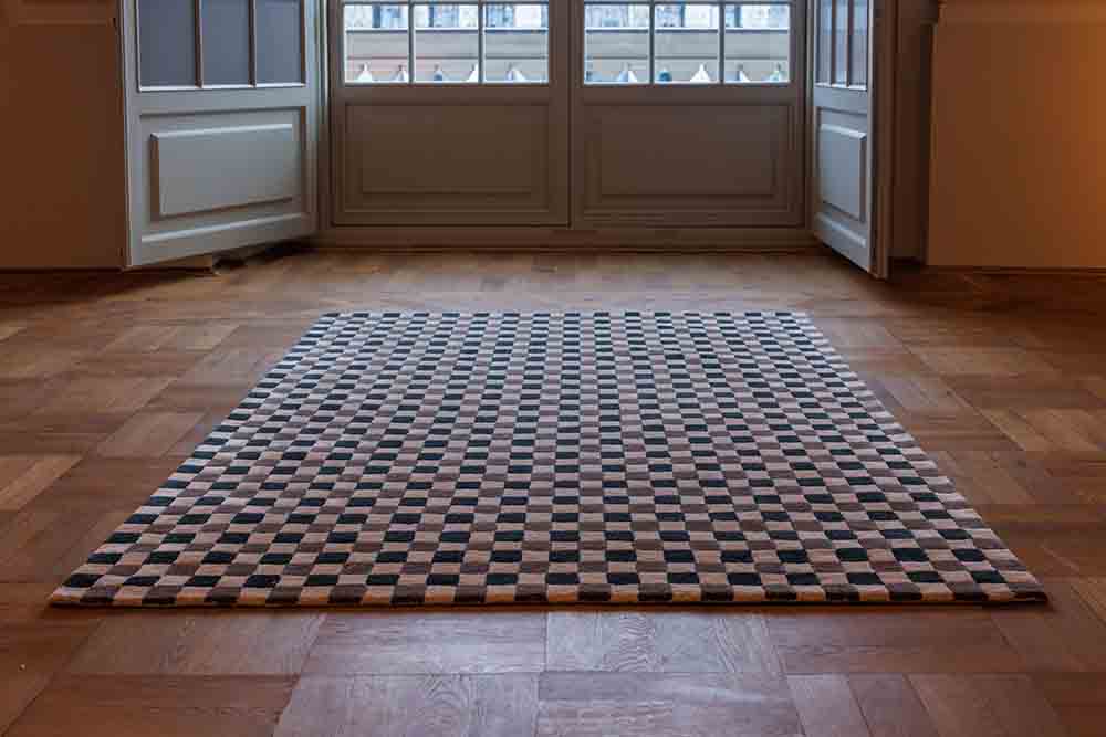 DYWAN Flicker Dark Green Beige Brown prostokątny, wielokolorowa szachownica, ręcznie tkany z wełny i wiskozy, ekskluzywny DYWAN Flicker Dark Green Beige Brown prostokątny, wielokolorowa szachownica, ręcznie tkany z wełny i wiskozy, ekskluzywny