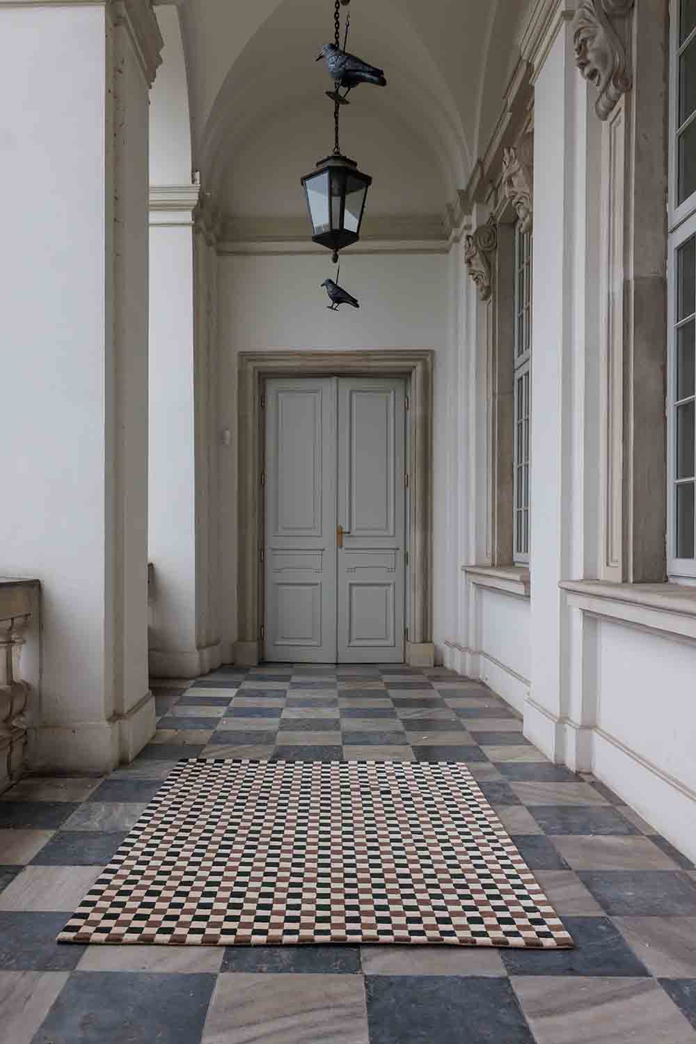 DYWAN Flicker Dark Green Beige Brown prostokątny, wielokolorowa szachownica, ręcznie tkany z wełny i wiskozy, piękny DYWAN Flicker Dark Green Beige Brown prostokątny, wielokolorowa szachownica, ręcznie tkany z wełny i wiskozy, piękny