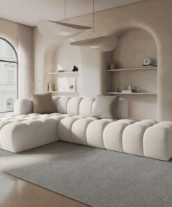 NAROŻNIK Halley 5-osobowy, aksamitny, eleganckie przeszycia, zaoblone kształty, designerski styl, strona do wyboru, jasnobeżowy-1