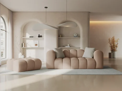 SOFA Halley 2-osobowa aksamitna, eleganckie przeszycia, zaoblone kształty, designerski styl, beżowa-1