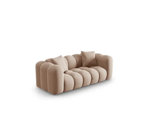 SOFA Halley 2-osobowa aksamitna, eleganckie przeszycia, zaoblone kształty, designerski styl, beżowa
