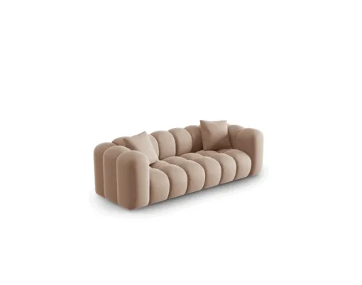 SOFA Halley 3-osobowa aksamitna, eleganckie przeszycia, zaoblone kształty, designerski styl, beżowa