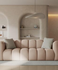 SOFA Halley 3-osobowa aksamitna, eleganckie przeszycia, zaoblone kształty, designerski styl, beżowa1