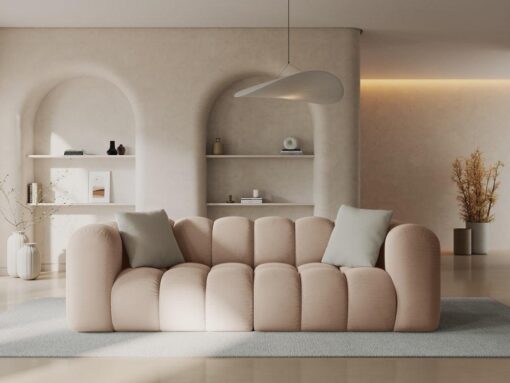 SOFA Halley 3-osobowa aksamitna, eleganckie przeszycia, zaoblone kształty, designerski styl, beżowa1