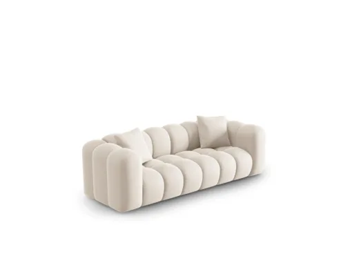 SOFA Halley 3-osobowa aksamitna, eleganckie przeszycia, zaoblone kształty, designerski styl, jasnobeżowa