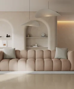 SOFA Halley 4-osobowa aksamitna, eleganckie przeszycia, zaoblone kształty, designerski styl, beżowa-1