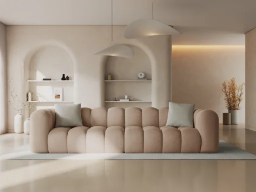 SOFA Halley 4-osobowa aksamitna, eleganckie przeszycia, zaoblone kształty, designerski styl, beżowa-1
