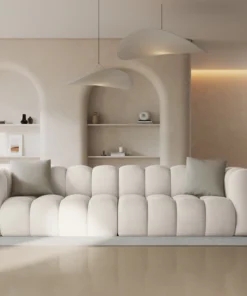 SOFA Halley 4-osobowa aksamitna, eleganckie przeszycia, zaoblone kształty, designerski styl, jasnobeżowa-1