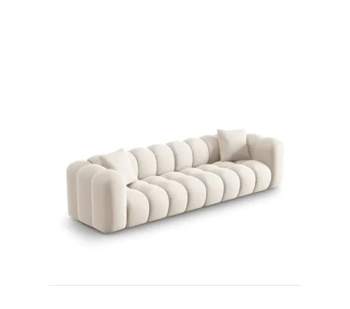 SOFA Halley 4-osobowa aksamitna, eleganckie przeszycia, zaoblone kształty, designerski styl, jasnobeżowa