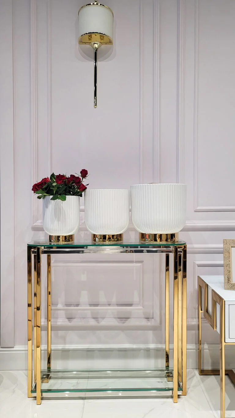 ZESTAW 3 DONIC ryflowanych, biało-złote z ceramiki mrozoodpornej, idealne do ogrodu ZESTAW 3 DONIC ryflowanych, biało-złote z ceramiki mrozoodpornej, idealne do ogrodu