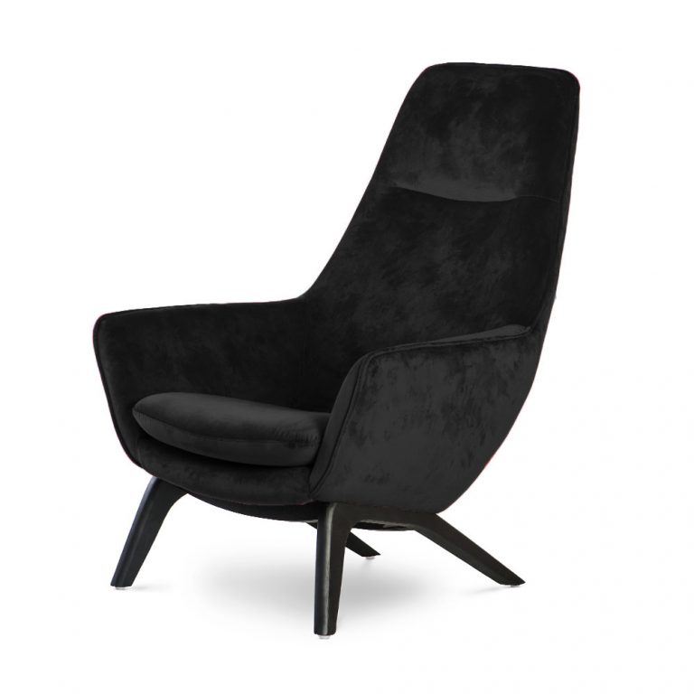 FOTEL Orebro wypoczynkowy, drewniane, czarne nogi, welurowa tapicerka z przeszyciami na zewnętrznej stronie, nowoczesny, czarny