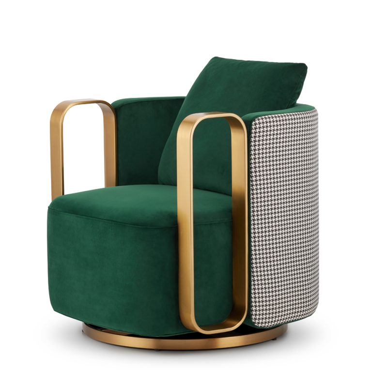 FOTEL WYPOCZYNKOWY Sona o kubełkowej budowie, złote metalowe detale, oparcie w pepitkę, nowoczesny glamour FOTEL WYPOCZYNKOWY Sona o kubełkowej budowie, złote metalowe detale, oparcie w pepitkę, nowoczesny glamour