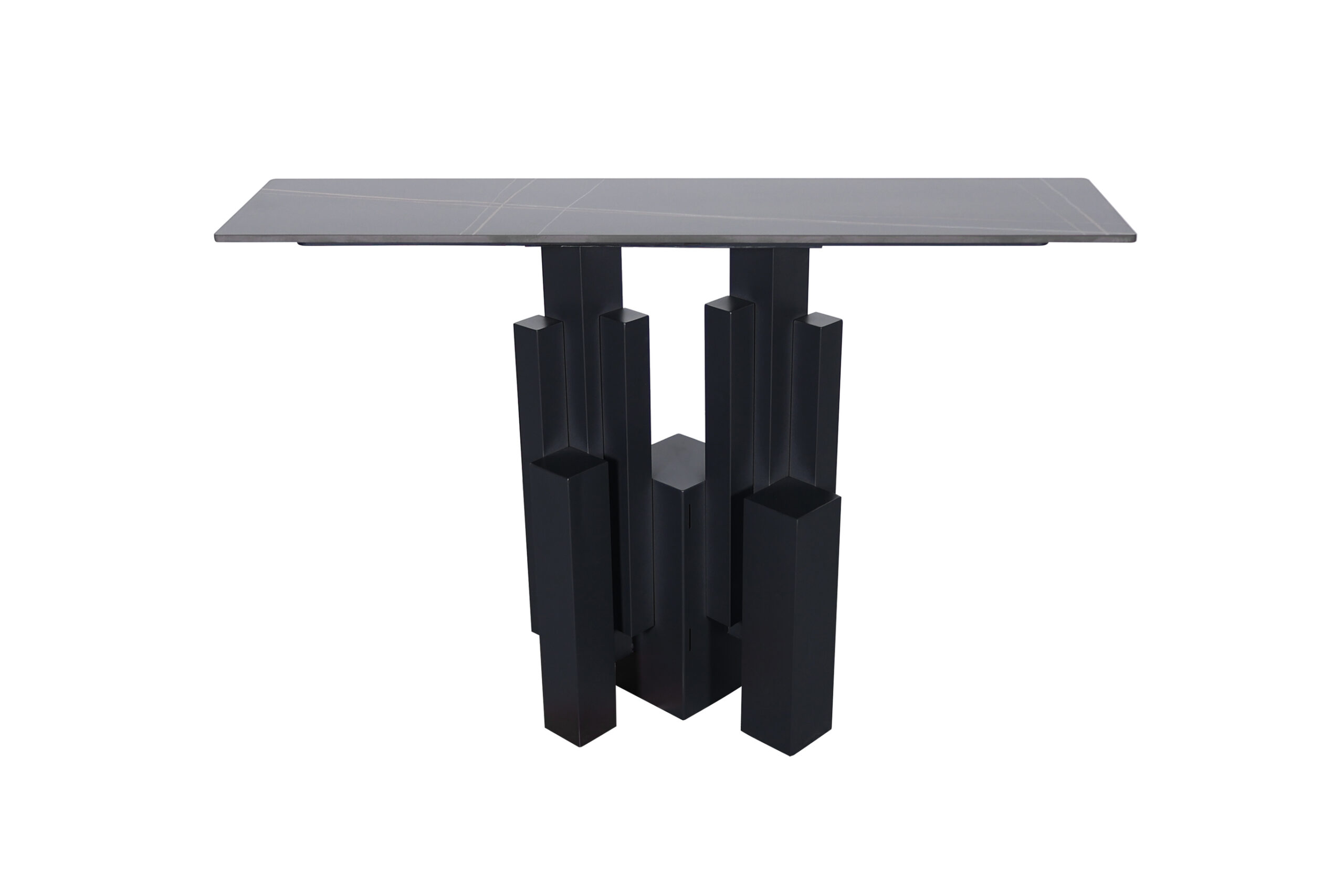 KONSOLA czarna, ze stali węglowej, noga w formie geometrycznej bryły, blat ze spieku kamiennego, nowoczesny styl 120 cm, piękna