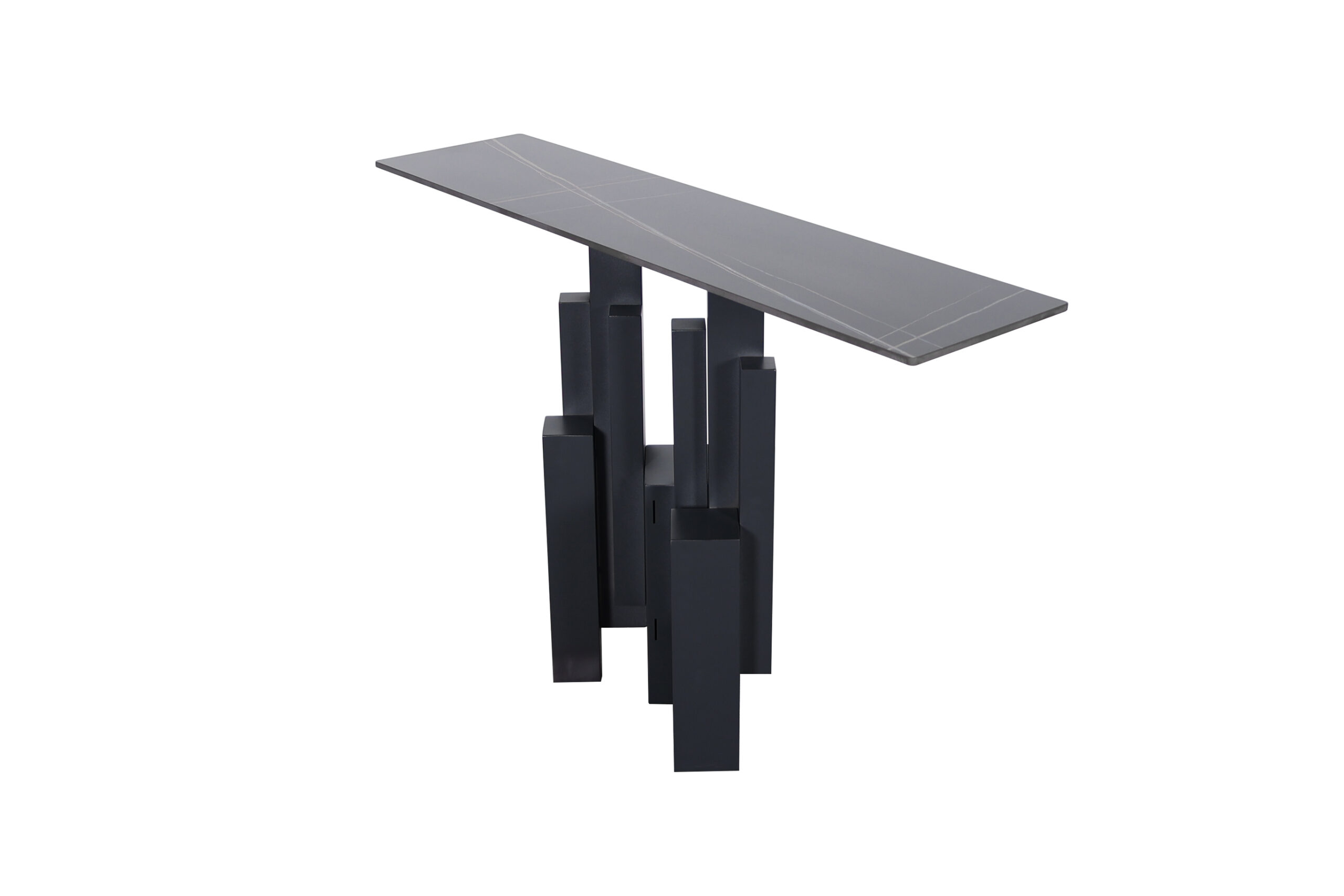 KONSOLA czarna, ze stali węglowej, noga w formie geometrycznej bryły, blat ze spieku kamiennego, nowoczesny styl 120 cm, wyjątkowa