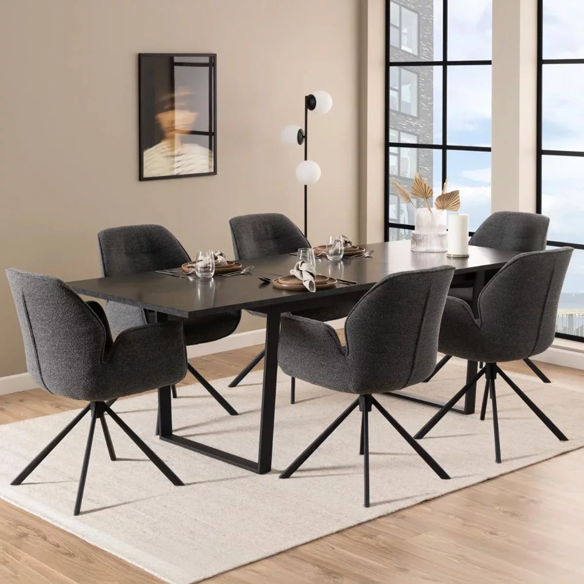 KRZESŁO Livia na czarnym czteroramiennym stelażu z mechanizmem obrotowym, różne kolory tkaniny, nowoczesny styl, antracytowe, do jadalni