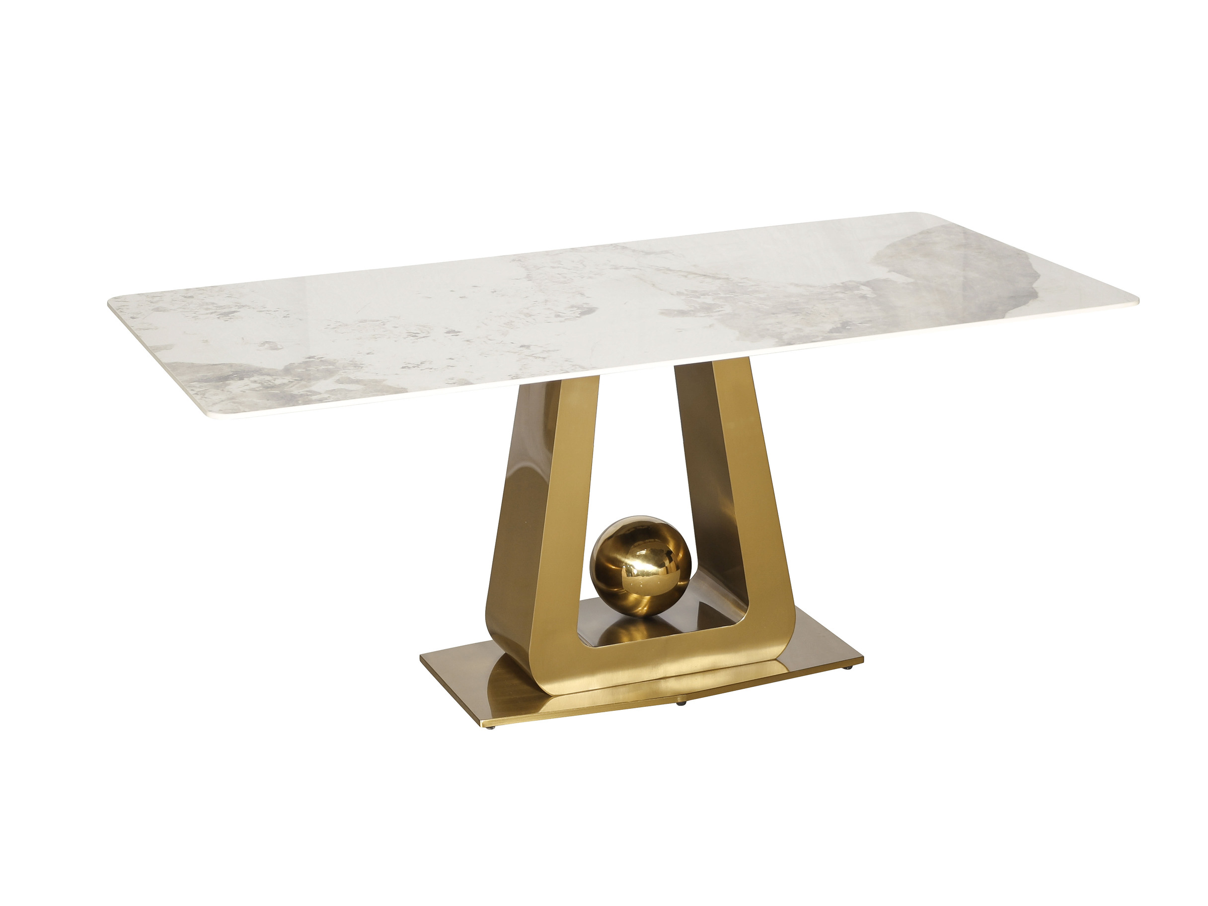 STÓŁ JADALNIANY Balance prostokątny na złotym, designerskim stelażu, biały blat ze spieku kamiennego, nowoczesny, piękny