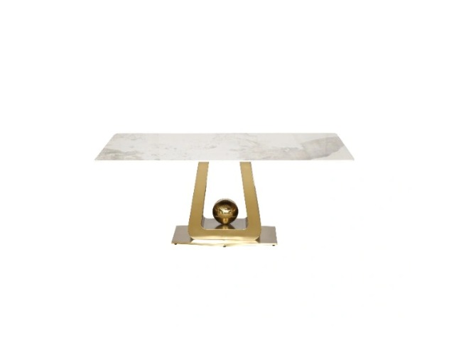 STÓŁ JADALNIANY Balance prostokątny na złotym, designerskim stelażu, biały blat ze spieku kamiennego, nowoczesny