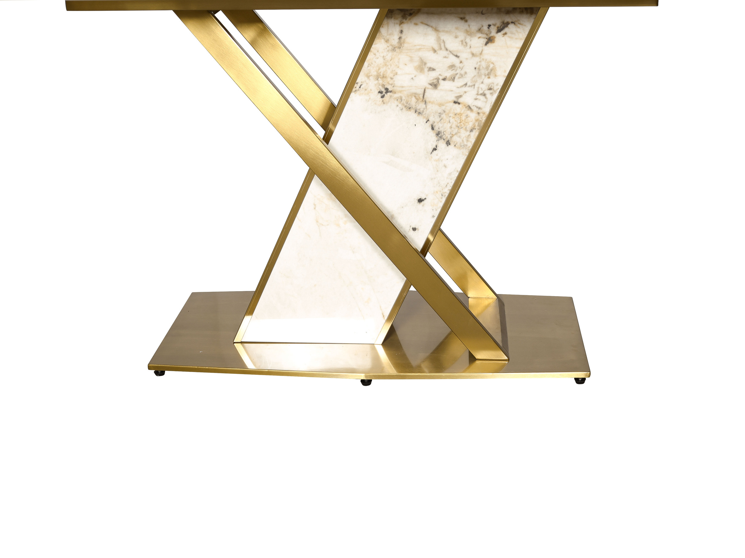 STÓŁ JADALNIANY o metalowo-marmurowej podstawie w kształcie X, duży blat ze spieku kamiennego, nowoczesny glamour, designerski