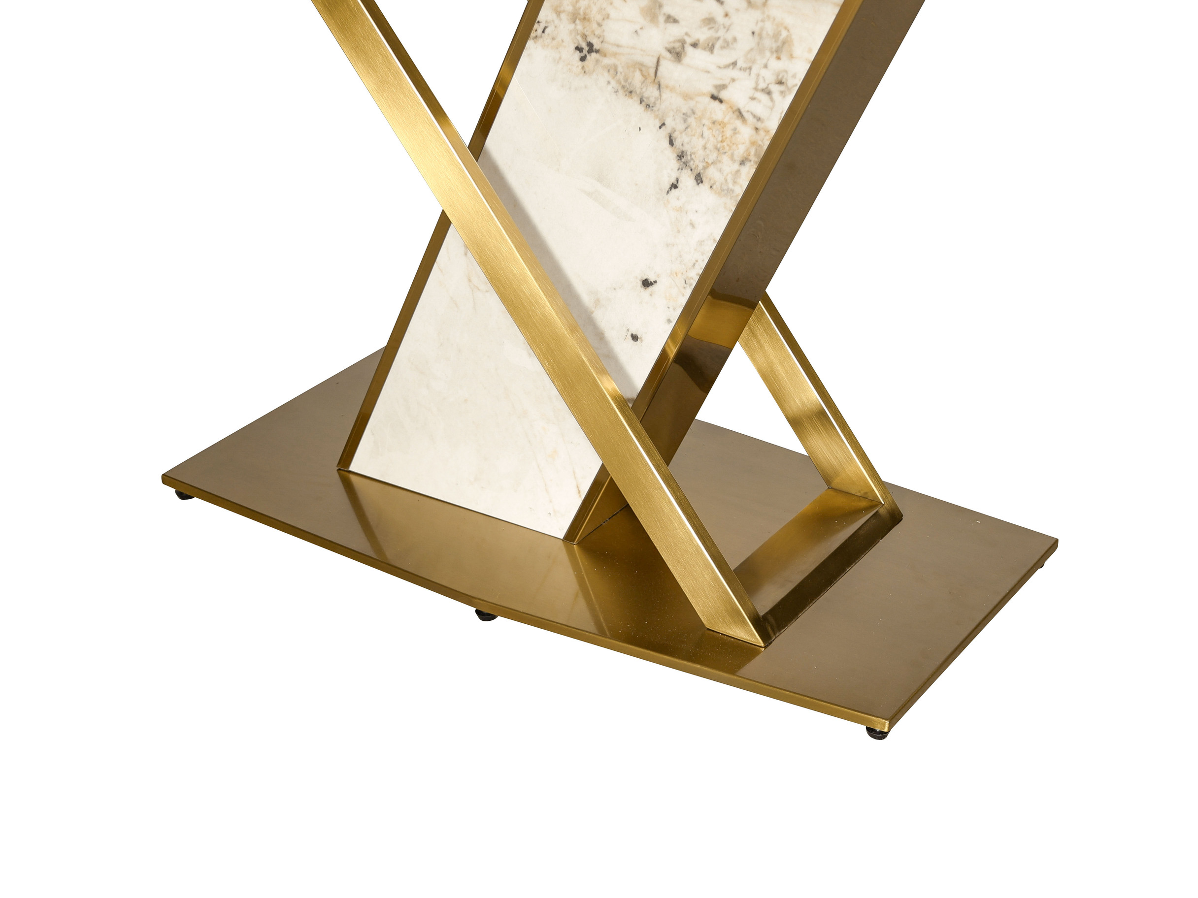 STÓŁ JADALNIANY o metalowo-marmurowej podstawie w kształcie X, duży blat ze spieku kamiennego, nowoczesny glamour, detale