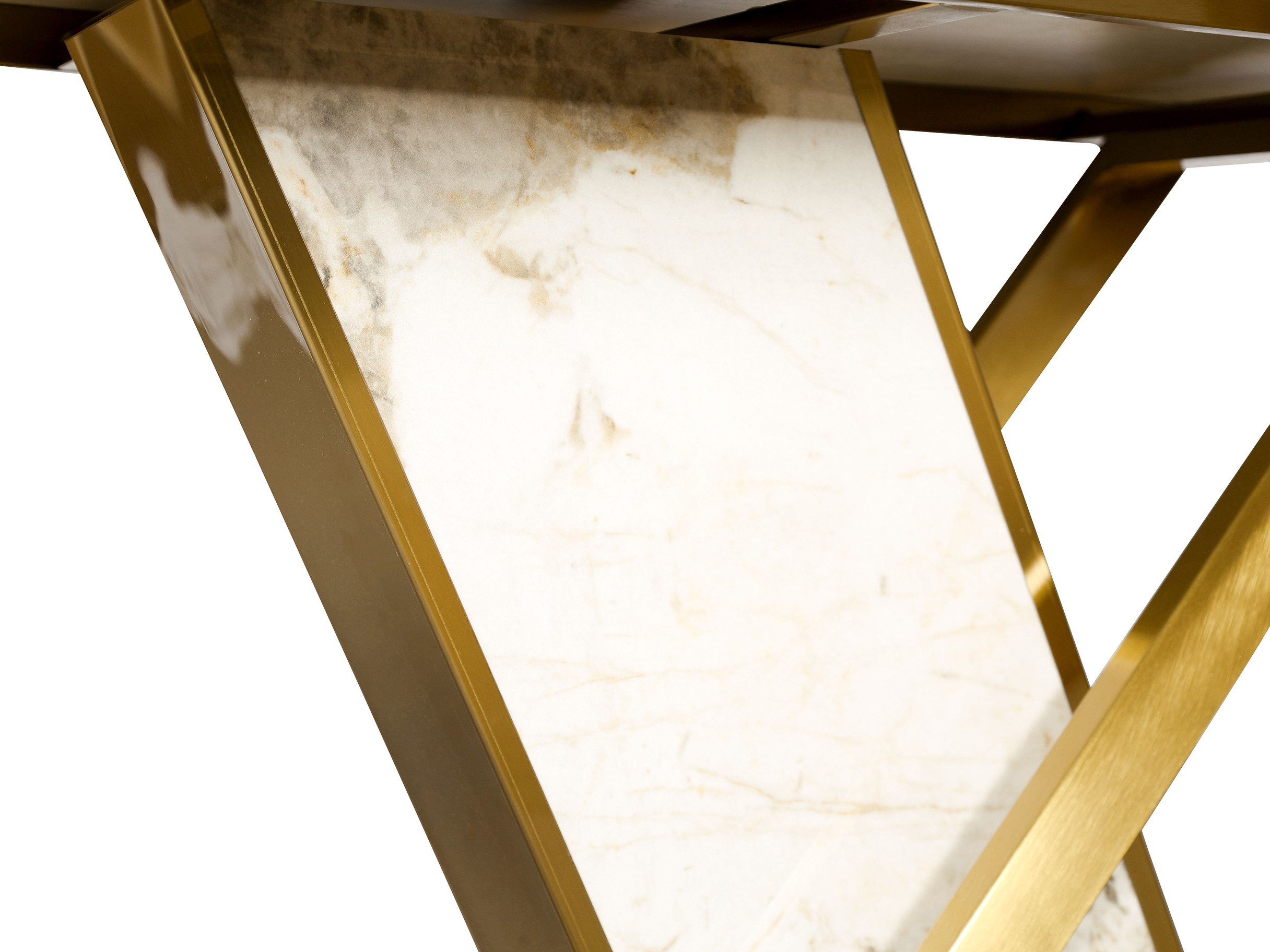 STÓŁ JADALNIANY o metalowo-marmurowej podstawie w kształcie X, duży blat ze spieku kamiennego, nowoczesny glamour, premium