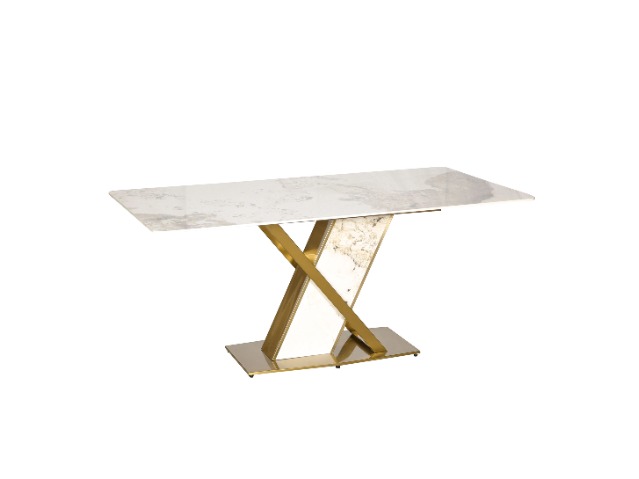 STÓŁ JADALNIANY o metalowo-marmurowej podstawie w kształcie X, duży blat ze spieku kamiennego, nowoczesny glamour, wyjątkowy
