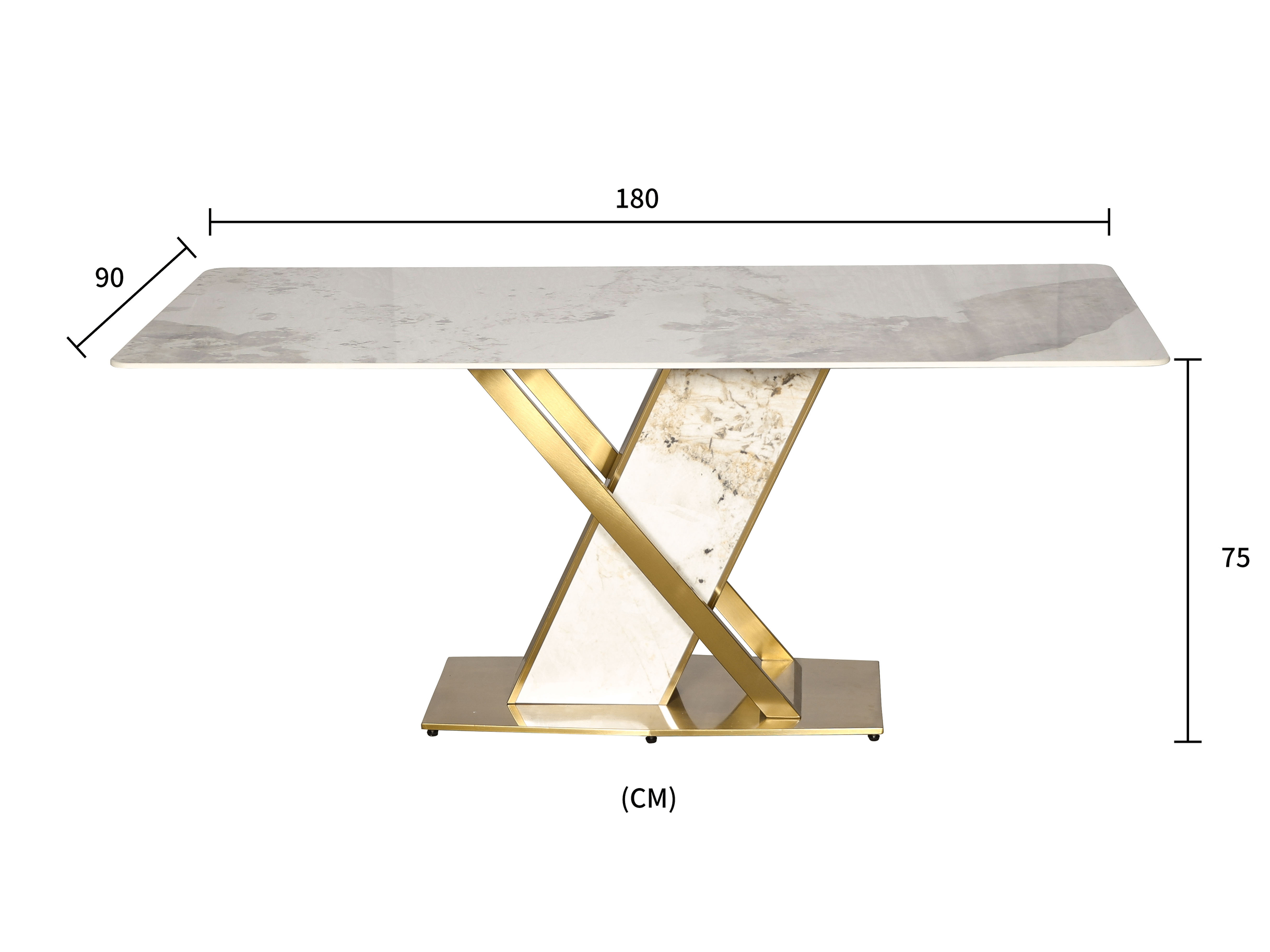 STÓŁ JADALNIANY o metalowo-marmurowej podstawie w kształcie X, duży blat ze spieku kamiennego, nowoczesny glamour, wymiary