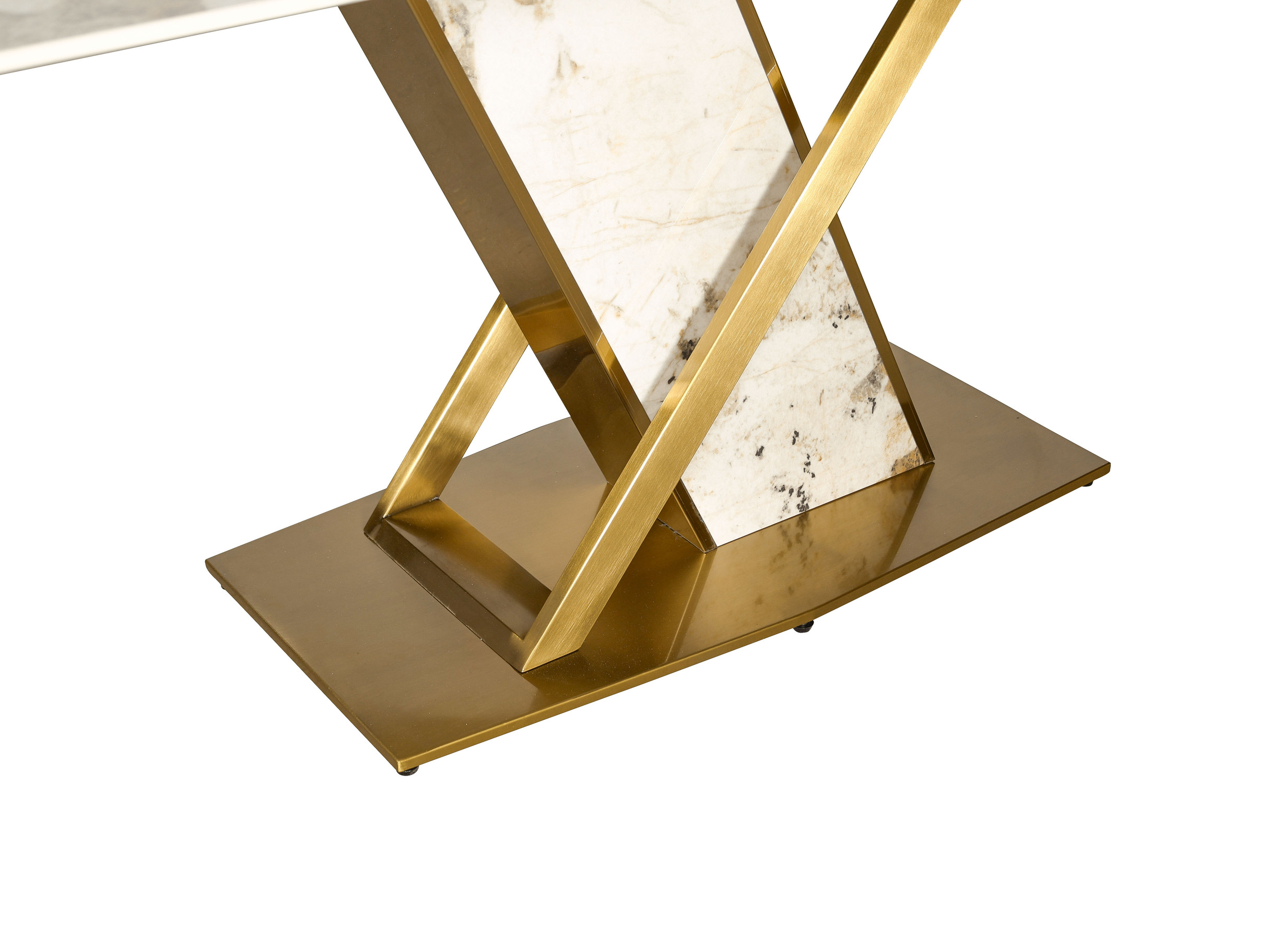 STÓŁ JADALNIANY o metalowo-marmurowej podstawie w kształcie X, duży blat ze spieku kamiennego, nowoczesny glamour, wyrafinowany