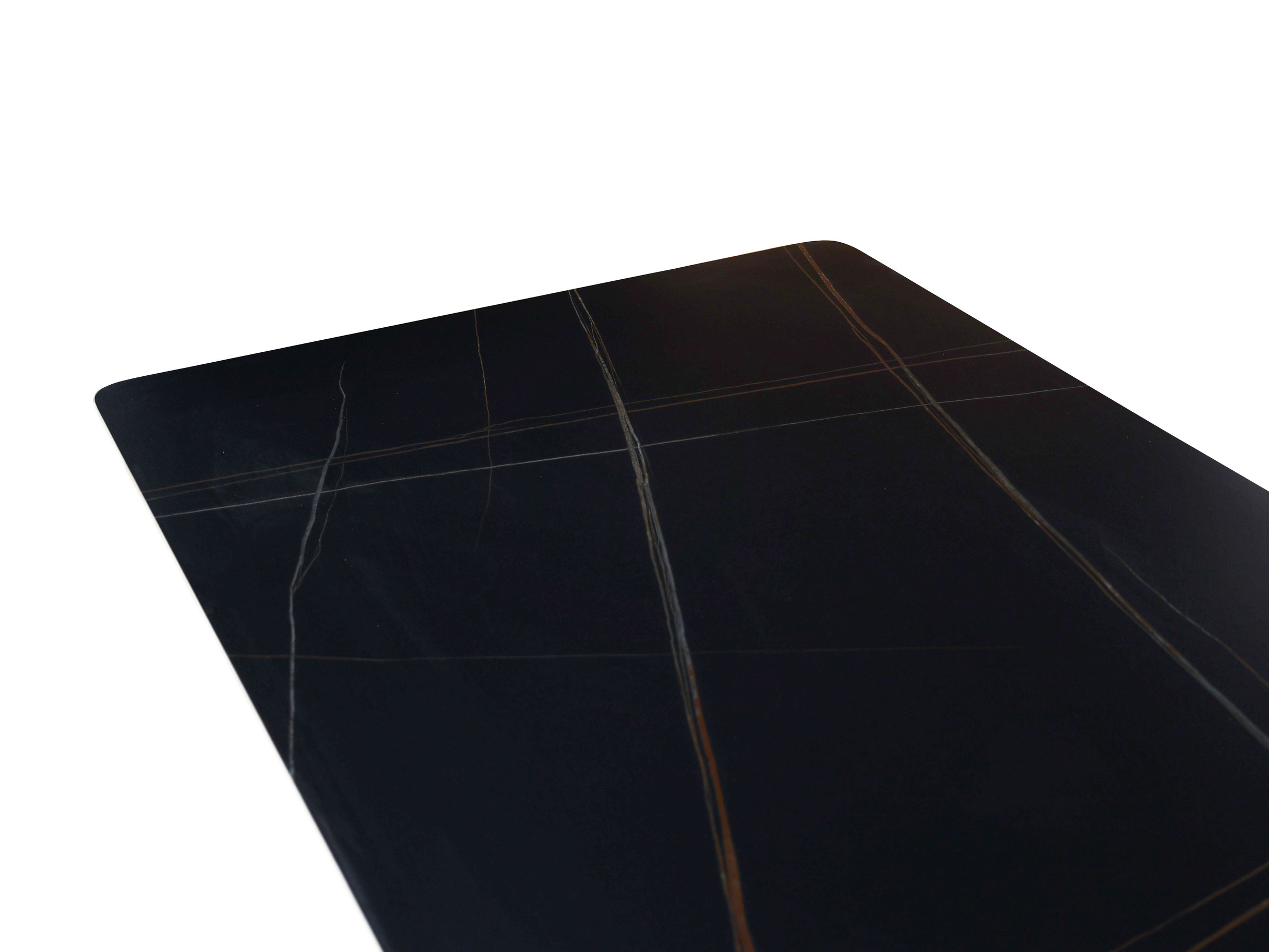 STÓŁ JADALNIANY o oryginalnej, grafitowej podstawie w kształcie V, czarny blat ze spieku kamiennego, nowoczesny styl, designerski