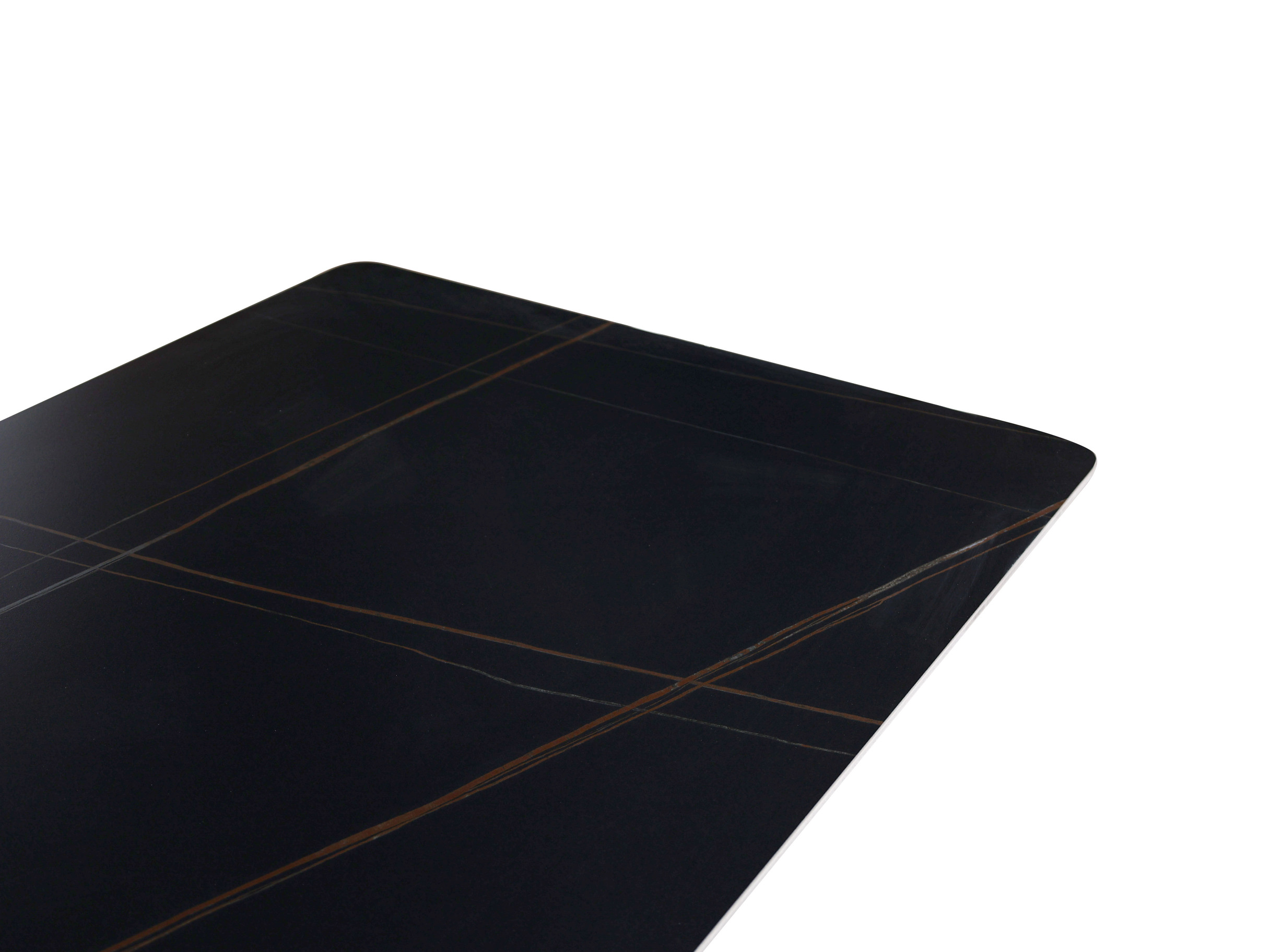 STÓŁ JADALNIANY o oryginalnej, grafitowej podstawie w kształcie V, czarny blat ze spieku kamiennego, nowoczesny styl, premium