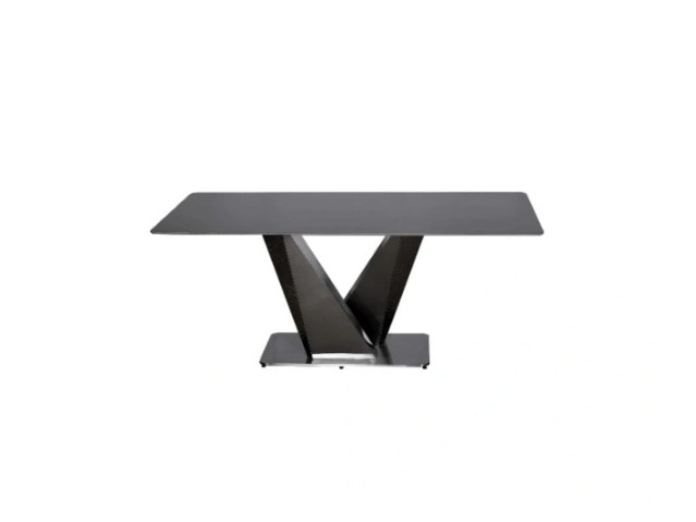 STÓŁ JADALNIANY o oryginalnej, grafitowej podstawie w kształcie V, czarny blat ze spieku kamiennego, nowoczesny styl