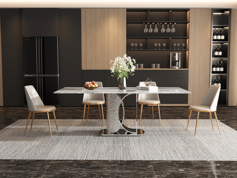 STÓŁ JADALNIANY o srebrnej, nowoczesnej podstawie, biały blat ze spieku kamiennego, designerski styl, duży