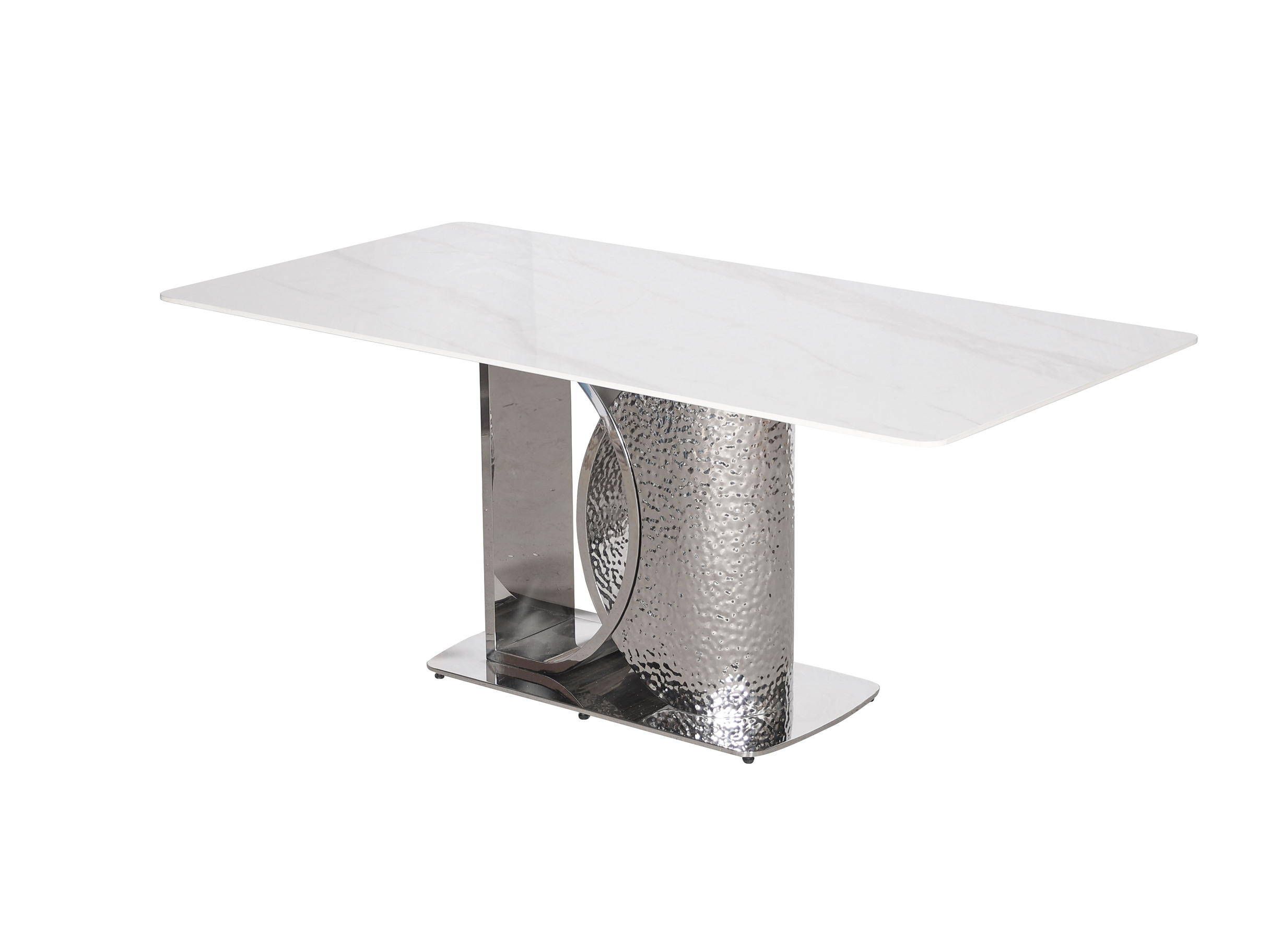 STÓŁ JADALNIANY o srebrnej, nowoczesnej podstawie, biały blat ze spieku kamiennego, designerski styl, ekskluzywny