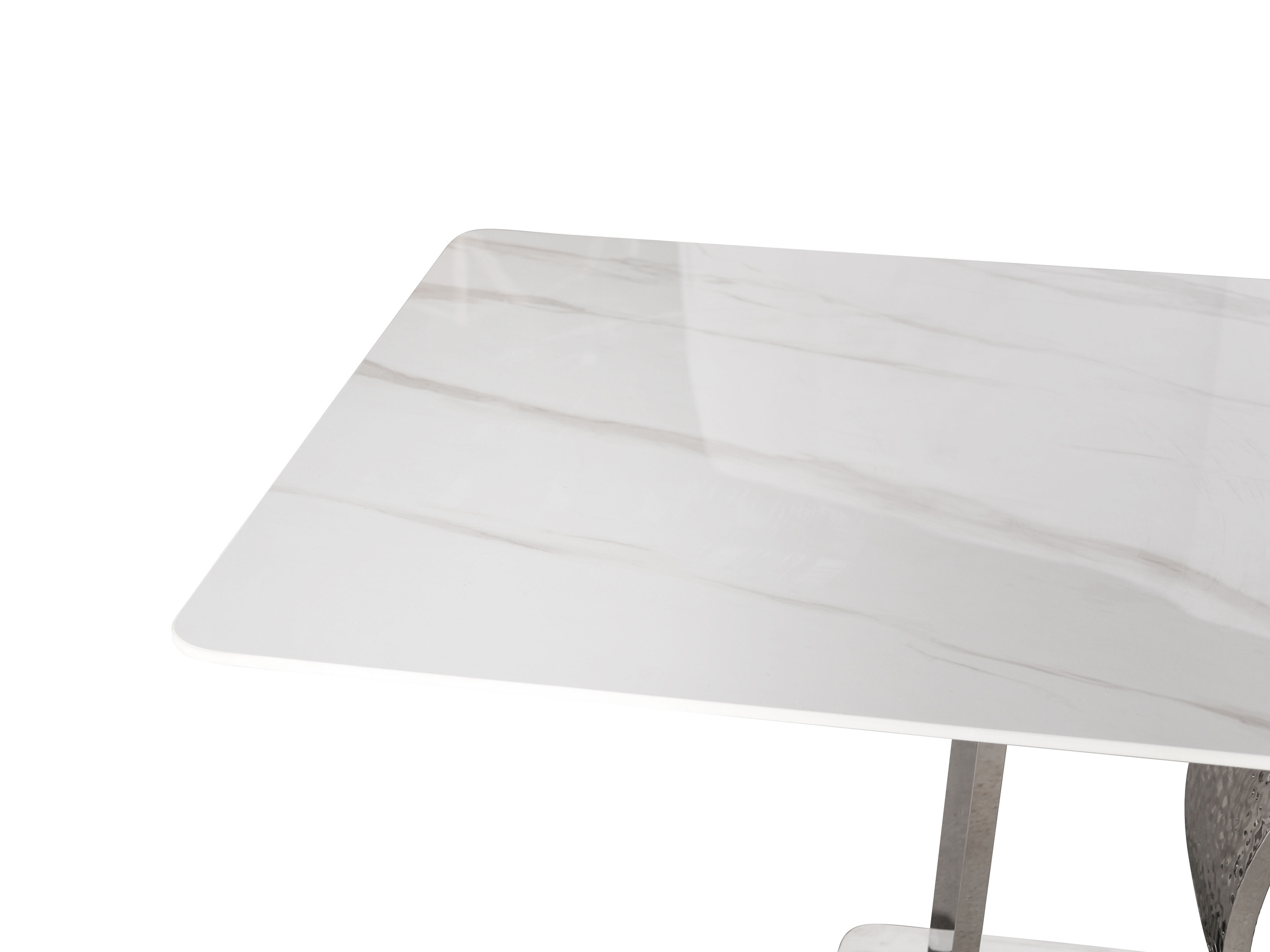 STÓŁ JADALNIANY o srebrnej, nowoczesnej podstawie, biały blat ze spieku kamiennego, designerski styl, najwyższa jakość