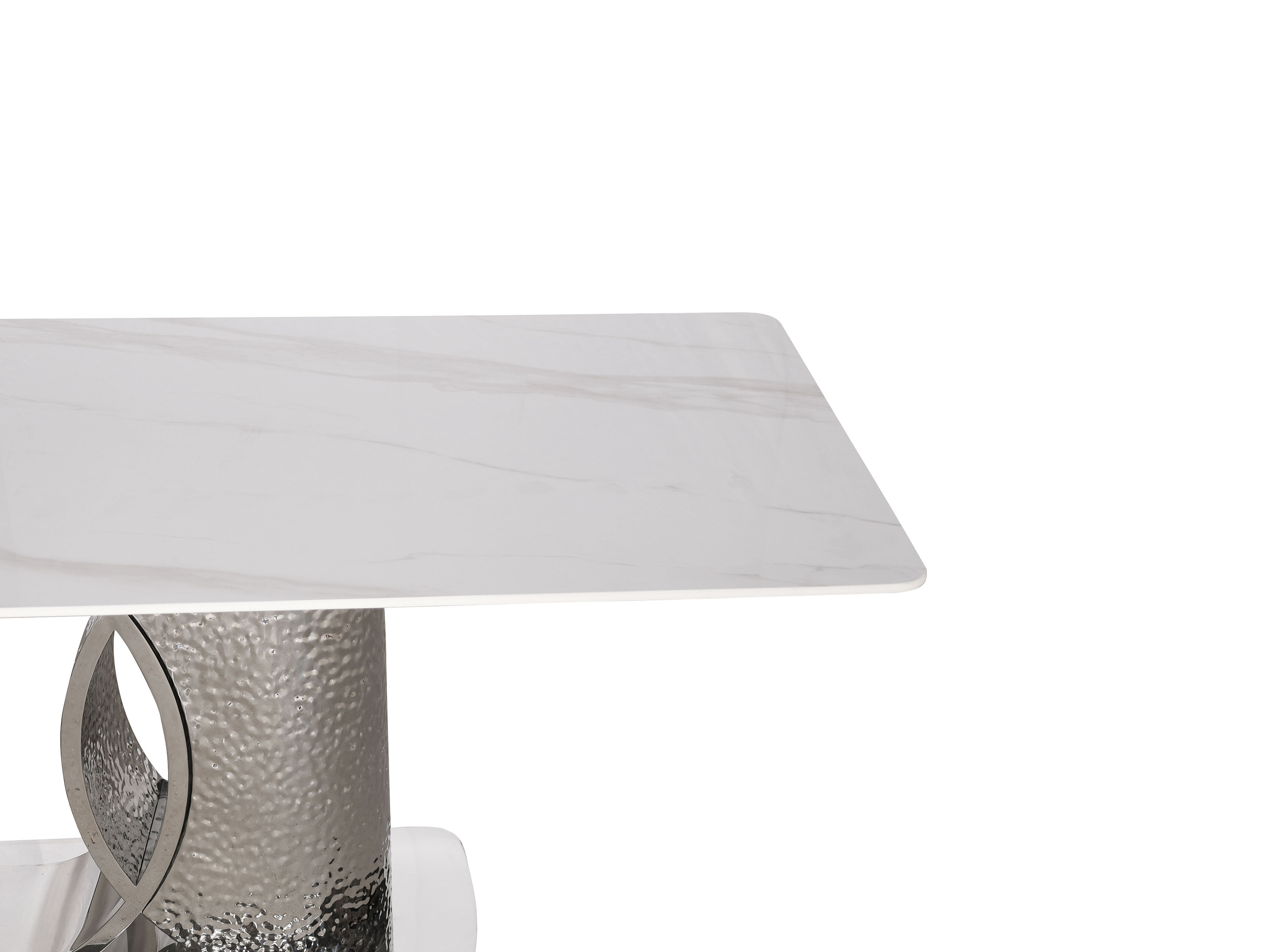 STÓŁ JADALNIANY o srebrnej, nowoczesnej podstawie, biały blat ze spieku kamiennego, designerski styl, nowoczesny