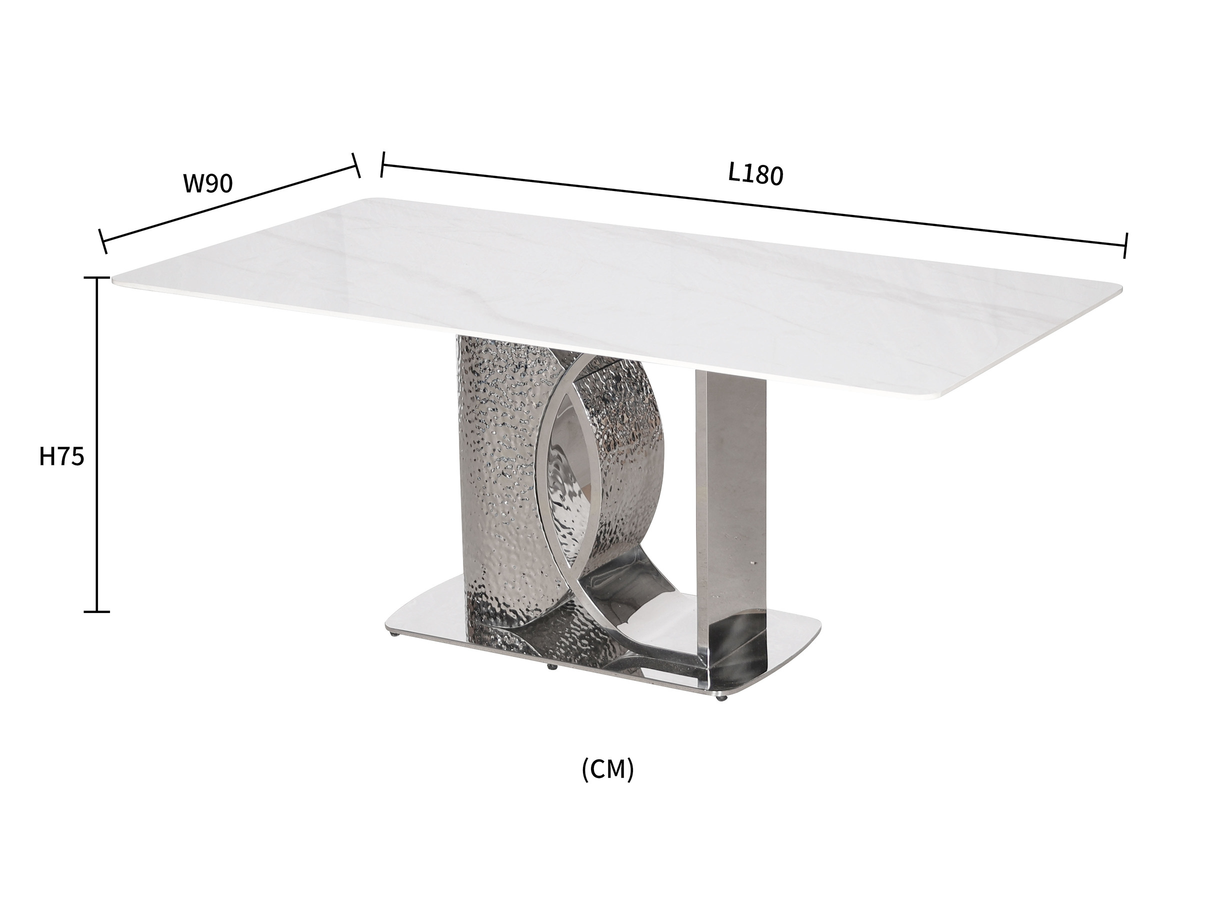 STÓŁ JADALNIANY o srebrnej, nowoczesnej podstawie, biały blat ze spieku kamiennego, designerski styl, wymiary