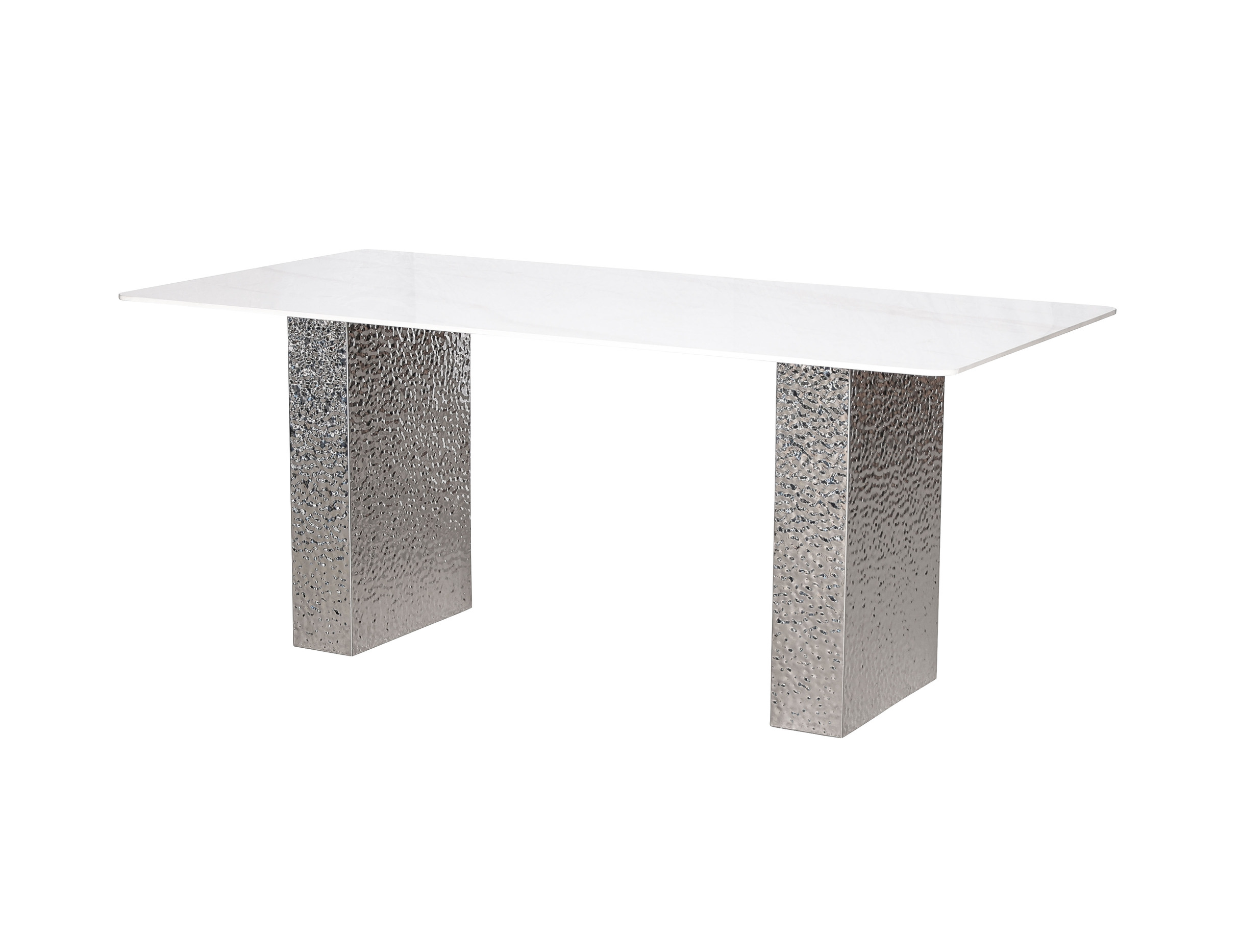 STÓŁ JADALNIANY o srebrnej podstawie z wyjątkową fakturą, biały blat ze spieku kamiennego, nowoczesny styl, wyjątkowy