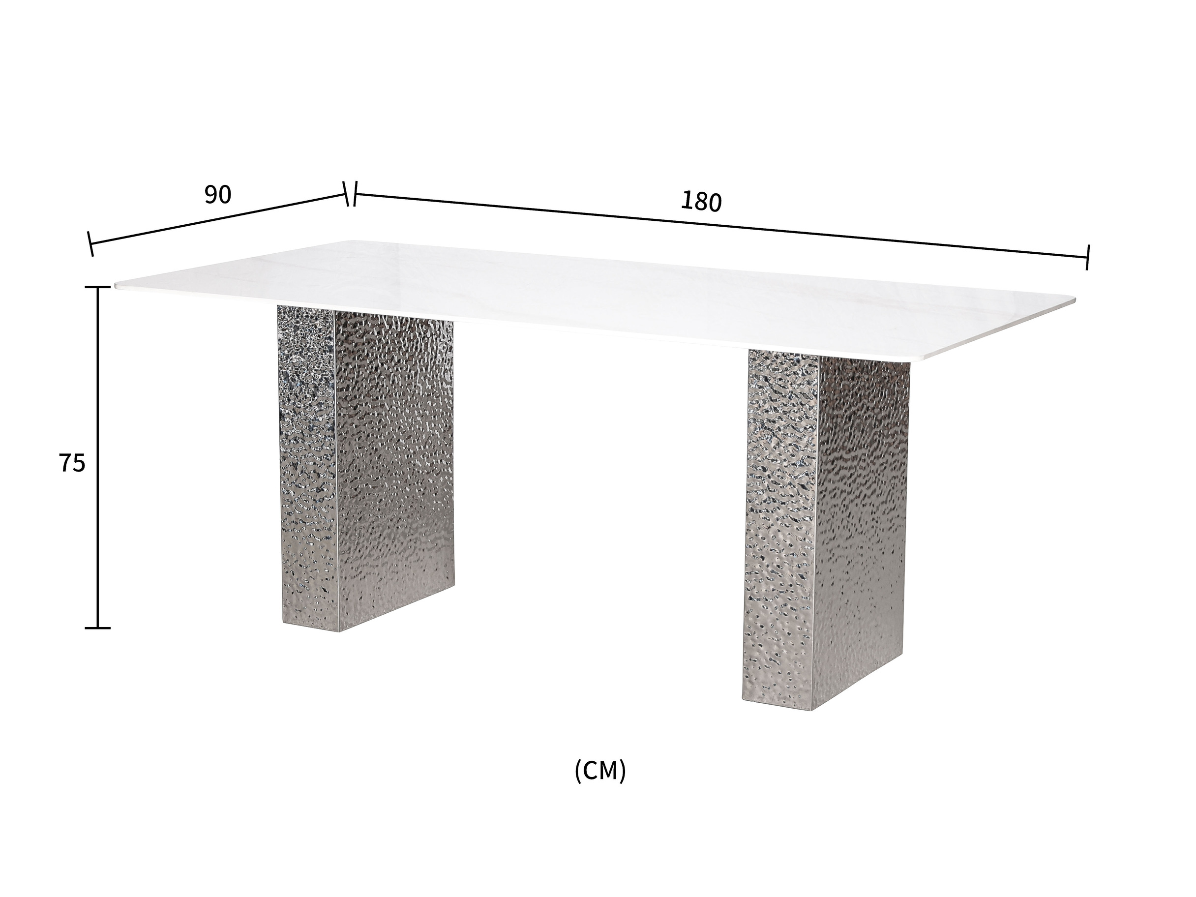 STÓŁ JADALNIANY o srebrnej podstawie z wyjątkową fakturą, biały blat ze spieku kamiennego, nowoczesny styl, wymiary