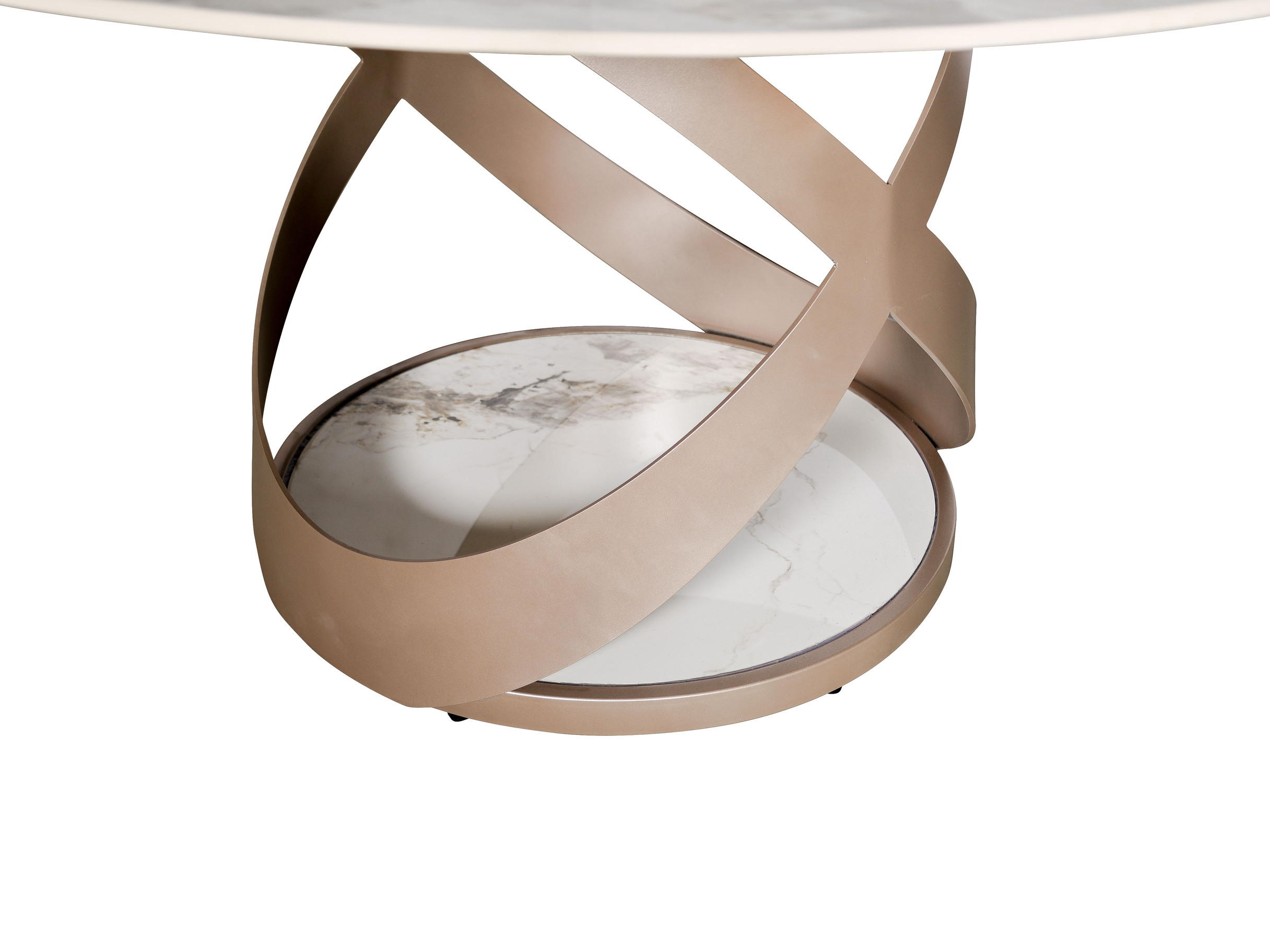 STÓŁ JADALNIANY okrągły, geometryczna podstawa w kolorze różowego złota, biały blat z nadstawką ze spieku kamiennego, designerski styl, ekskluzywny STÓŁ JADALNIANY okrągły, geometryczna podstawa w kolorze różowego złota, biały blat z nadstawką ze spieku kamiennego, designerski styl, ekskluzywny