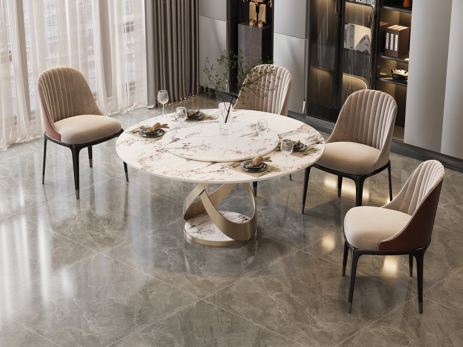 STÓŁ JADALNIANY okrągły, geometryczna podstawa w kolorze różowego złota, biały blat z nadstawką ze spieku kamiennego, designerski styl, najwyższa jakość STÓŁ JADALNIANY okrągły, geometryczna podstawa w kolorze różowego złota, biały blat z nadstawką ze spieku kamiennego, designerski styl, najwyższa jakość