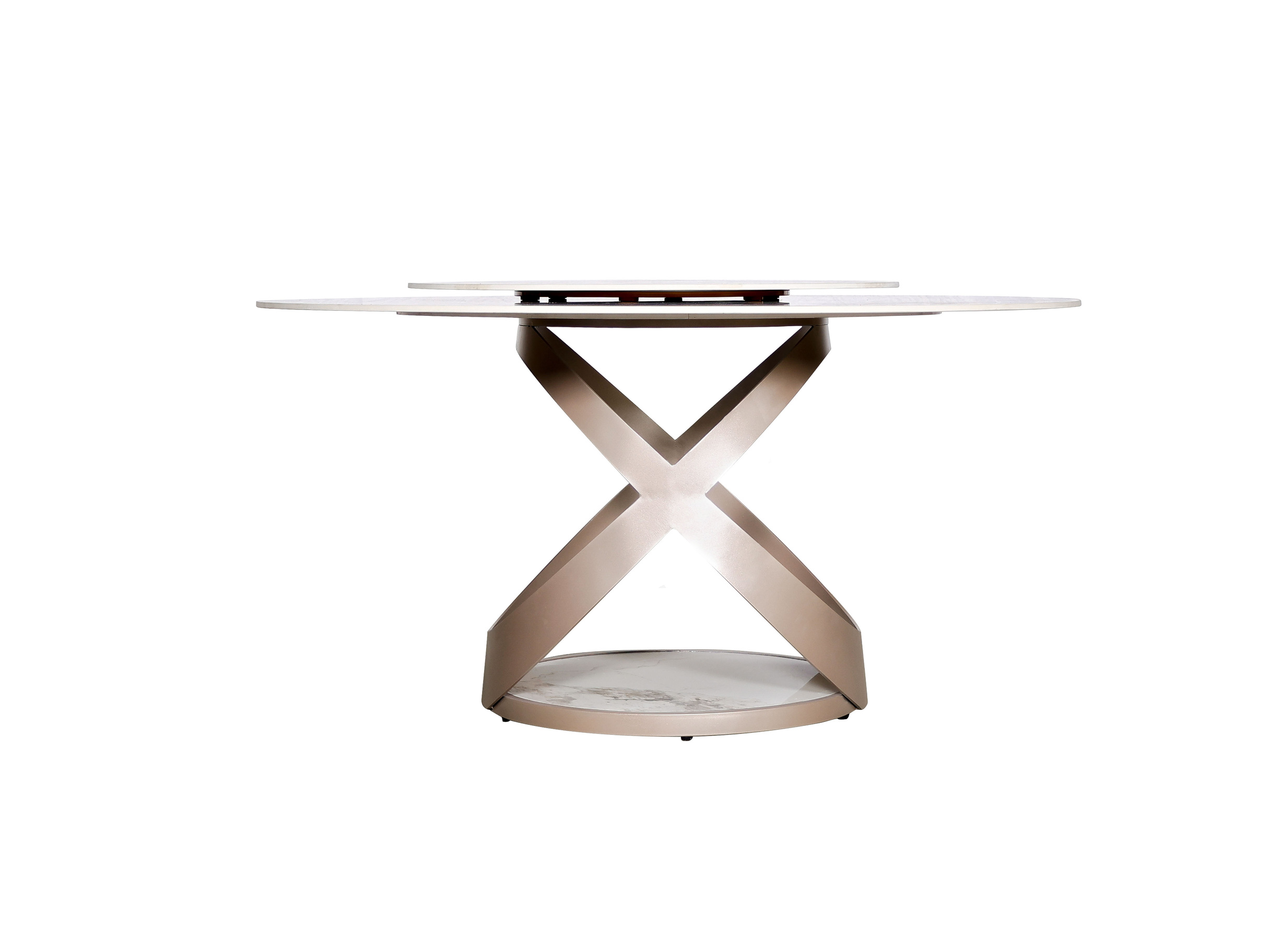 STÓŁ JADALNIANY okrągły, geometryczna podstawa w kolorze różowego złota, biały blat z nadstawką ze spieku kamiennego, designerski styl, piękny STÓŁ JADALNIANY okrągły, geometryczna podstawa w kolorze różowego złota, biały blat z nadstawką ze spieku kamiennego, designerski styl, piękny