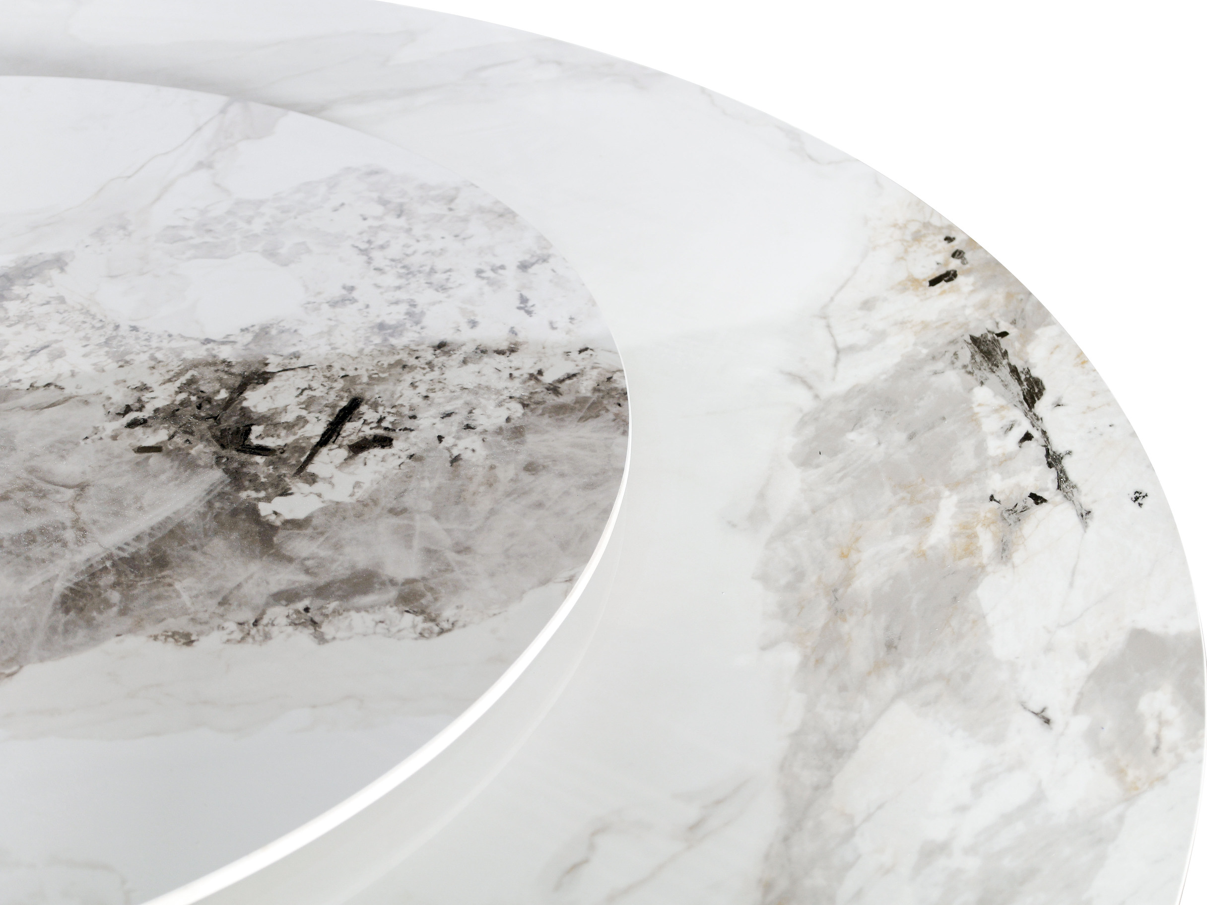 STÓŁ JADALNIANY okrągły, geometryczna podstawa w kolorze różowego złota, biały blat z nadstawką ze spieku kamiennego, designerski styl, premium STÓŁ JADALNIANY okrągły, geometryczna podstawa w kolorze różowego złota, biały blat z nadstawką ze spieku kamiennego, designerski styl, premium