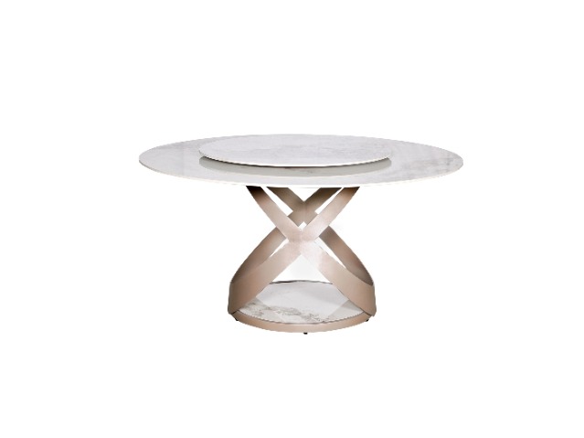STÓŁ JADALNIANY okrągły, geometryczna podstawa w kolorze różowego złota, biały blat z nadstawką ze spieku kamiennego, designerski styl STÓŁ JADALNIANY okrągły, geometryczna podstawa w kolorze różowego złota, biały blat z nadstawką ze spieku kamiennego, designerski styl