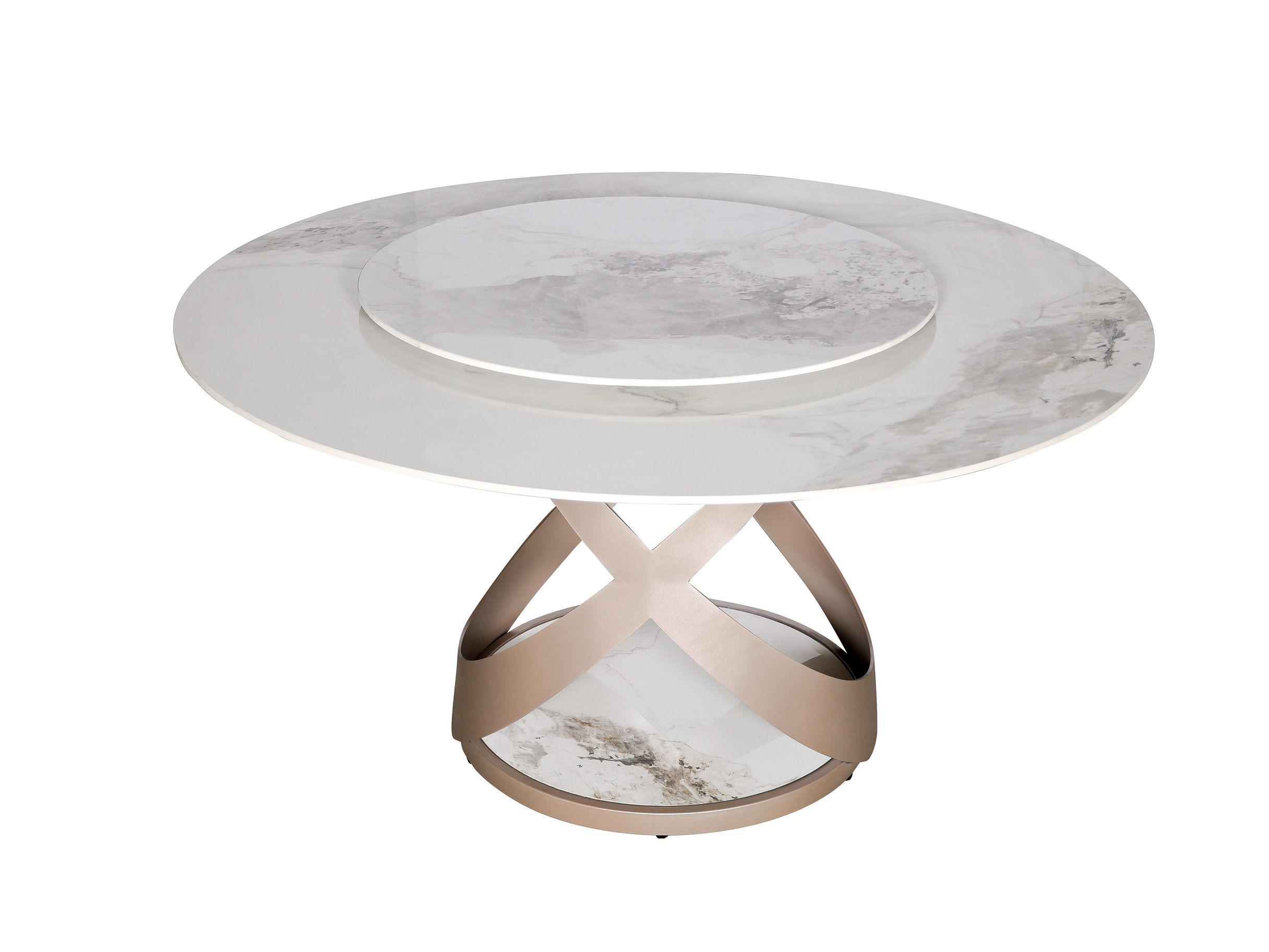 STÓŁ JADALNIANY okrągły, geometryczna podstawa w kolorze różowego złota, biały blat z nadstawką ze spieku kamiennego, designerski styl, wyjątkowy STÓŁ JADALNIANY okrągły, geometryczna podstawa w kolorze różowego złota, biały blat z nadstawką ze spieku kamiennego, designerski styl, wyjątkowy